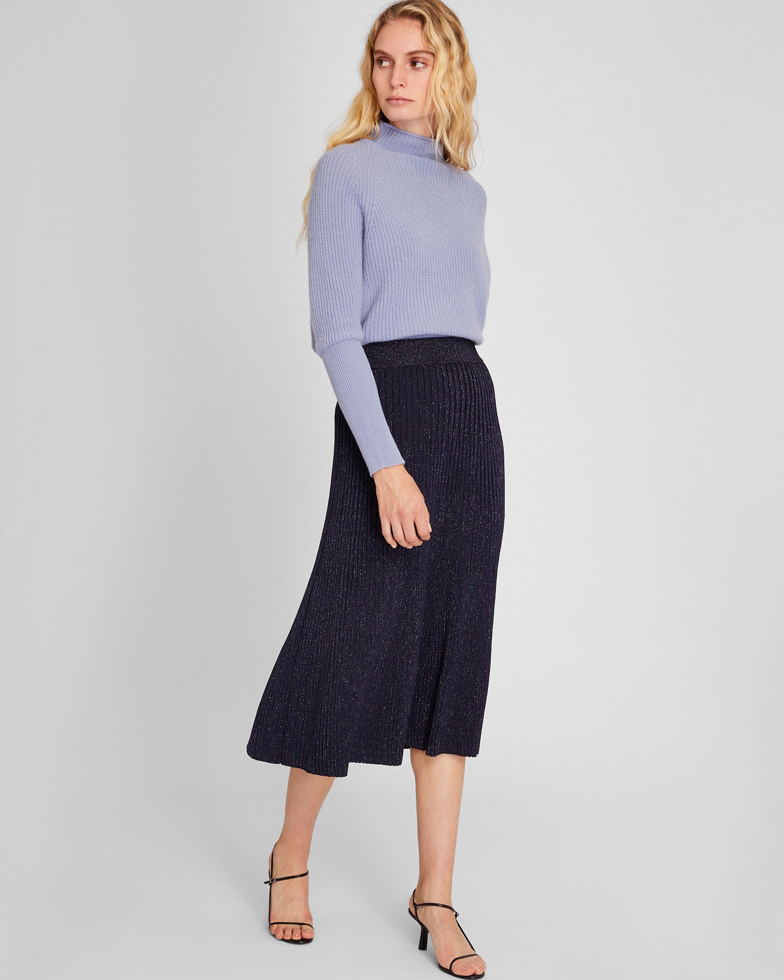 CLUB MONACO - Metallic Rib Knit Midi Skirt - Blue