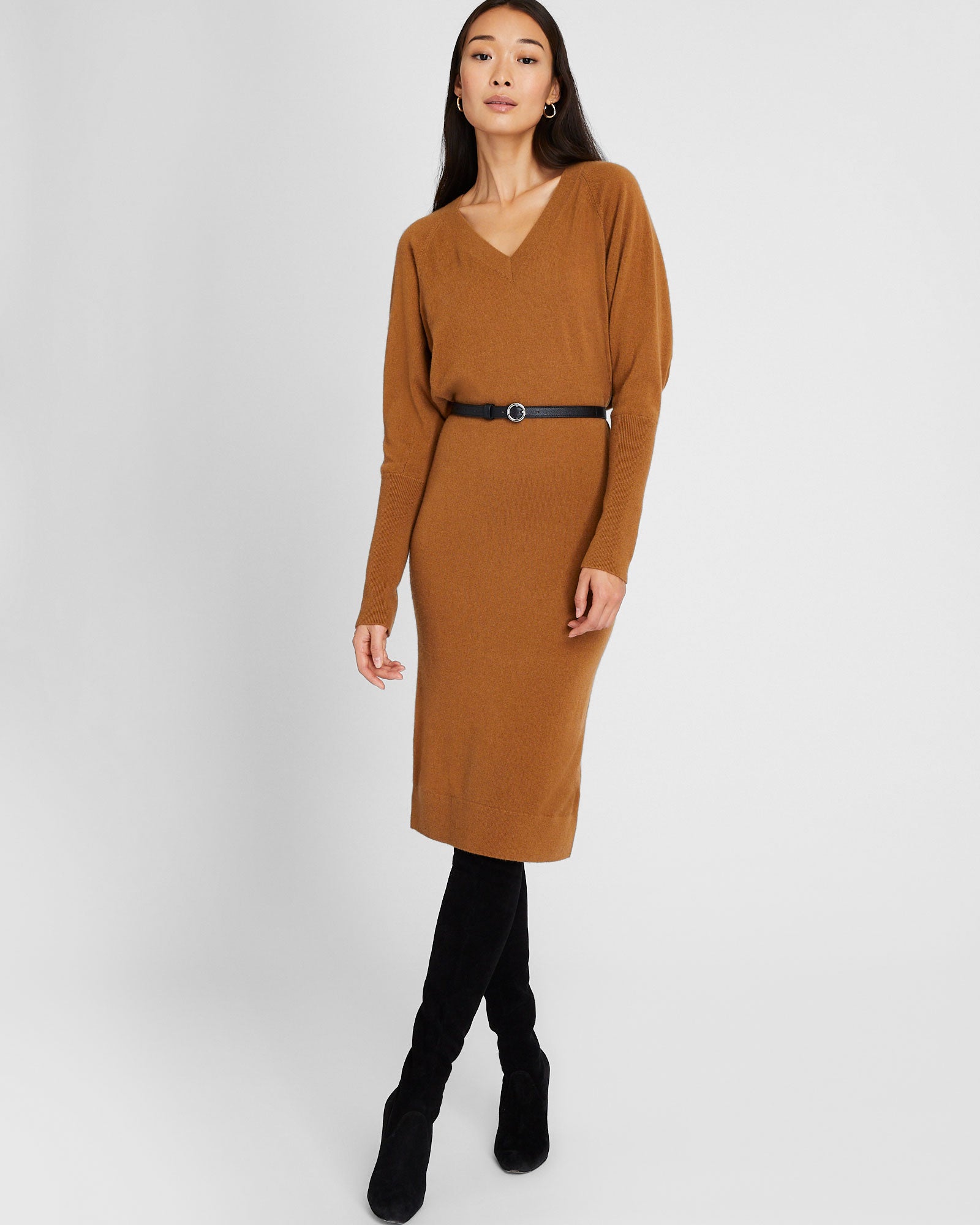 CLUB MONACO - Cashmere Dolman V-Neck Dress - Camel
