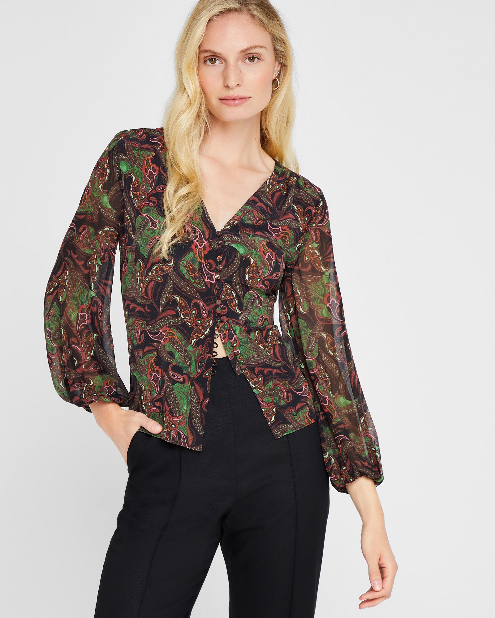CLUB MONACO - Printed Silk Button Detail Blouse - Light Green Mix