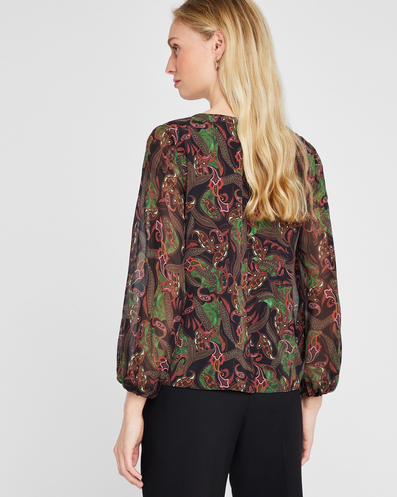 CLUB MONACO - Printed Silk Button Detail Blouse - Light Green Mix