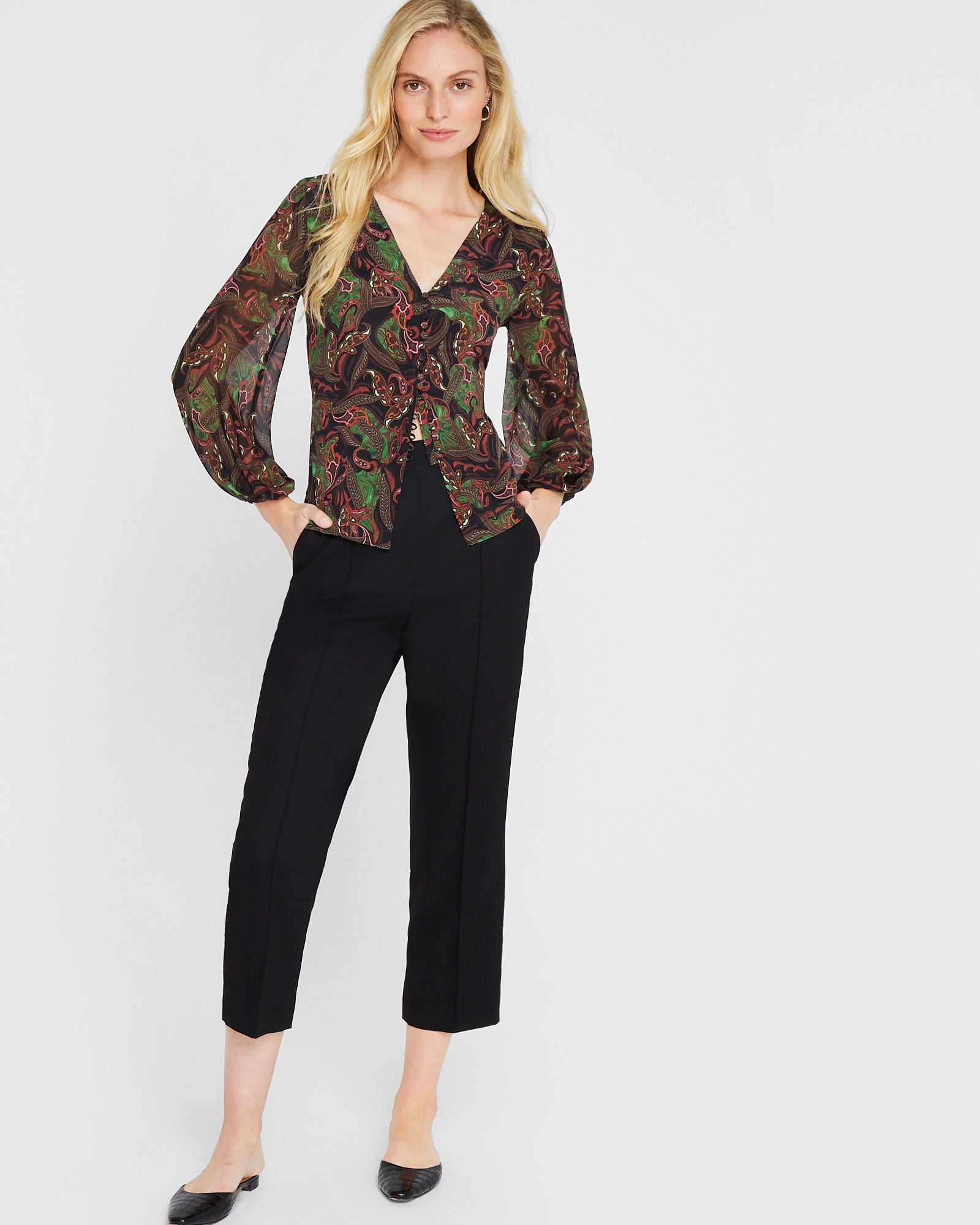 CLUB MONACO - Printed Silk Button Detail Blouse - Light Green Mix