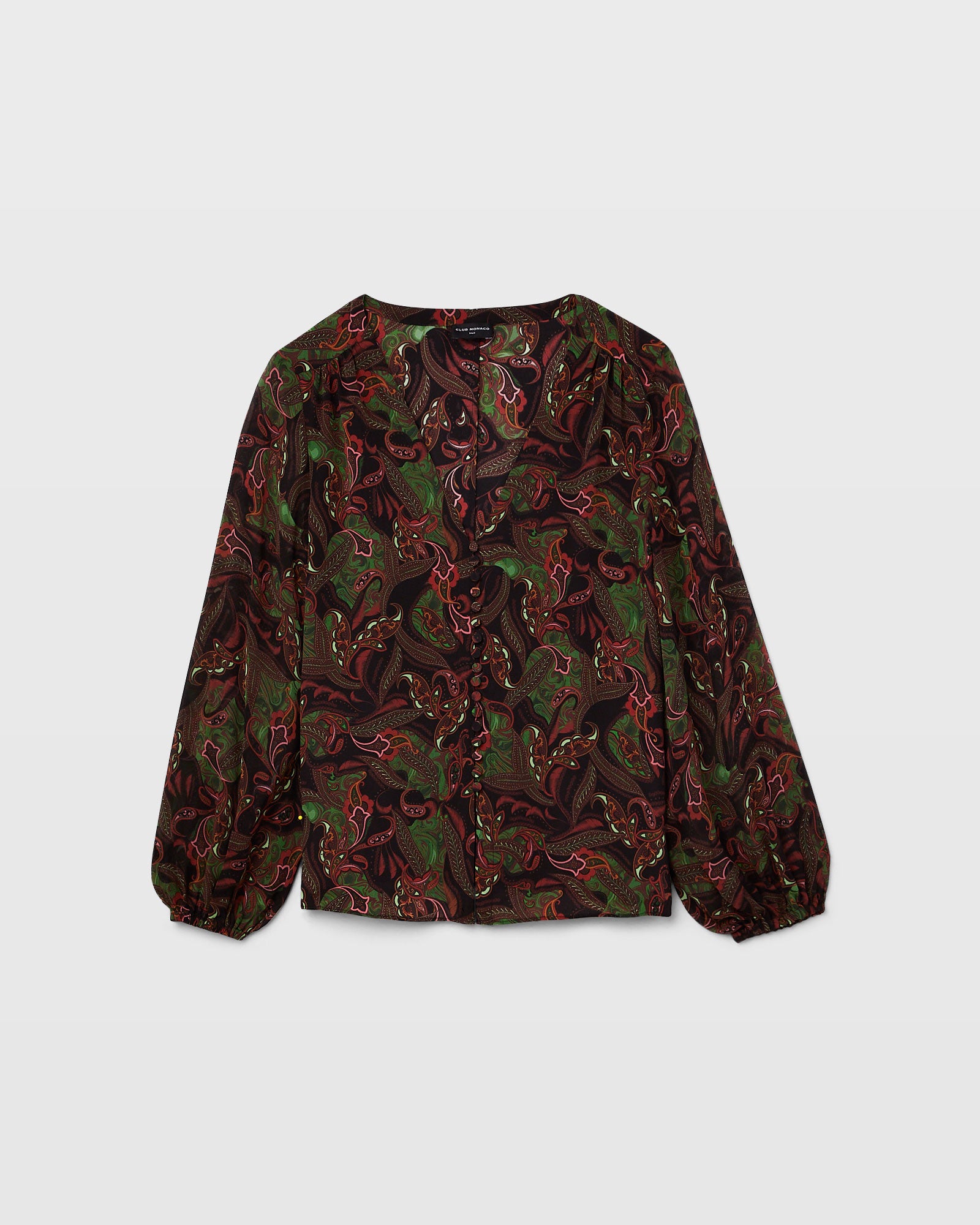 CLUB MONACO - Printed Silk Button Detail Blouse - Light Green Mix