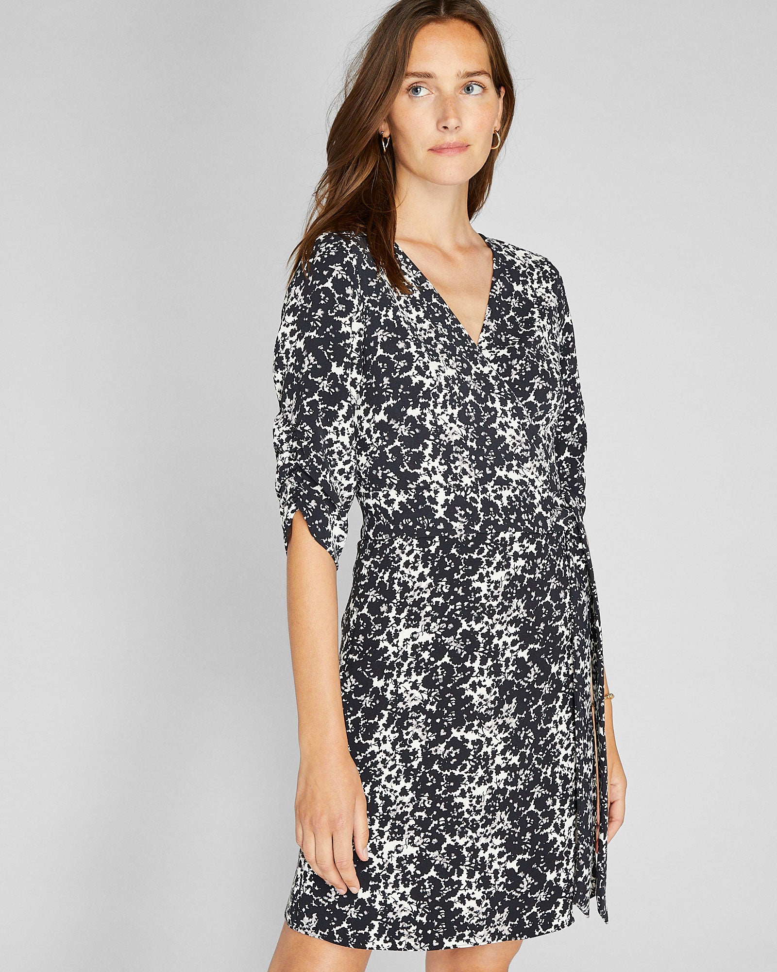 Women's Black Mix Ruched Sleeve Wrap Dress | Club Monaco US Women's Black Mix Ruched Sleeve Wrap Dress | Club Monaco US