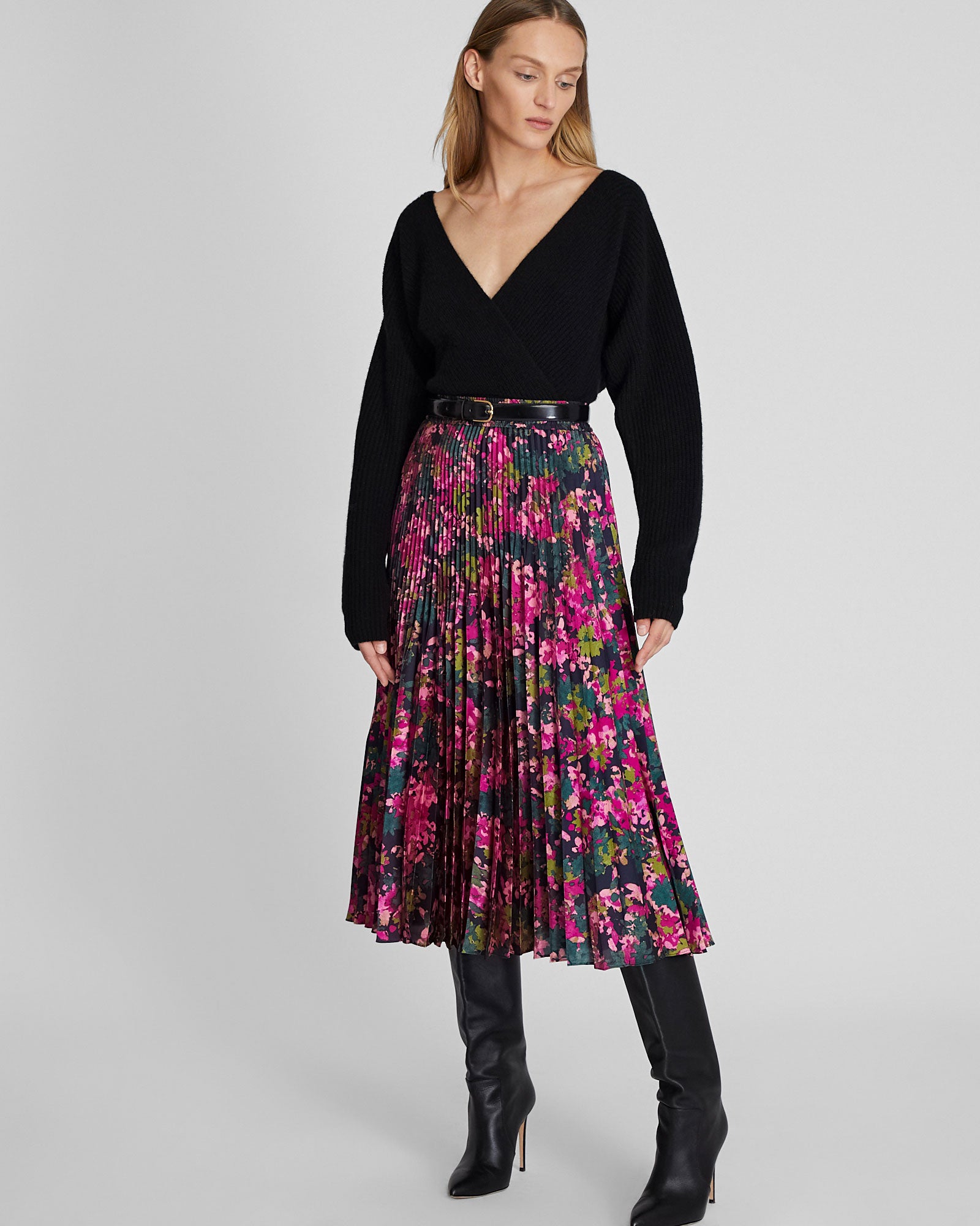 CLUB MONACO - Floral Pleated Midi Skirt - Hot Pink