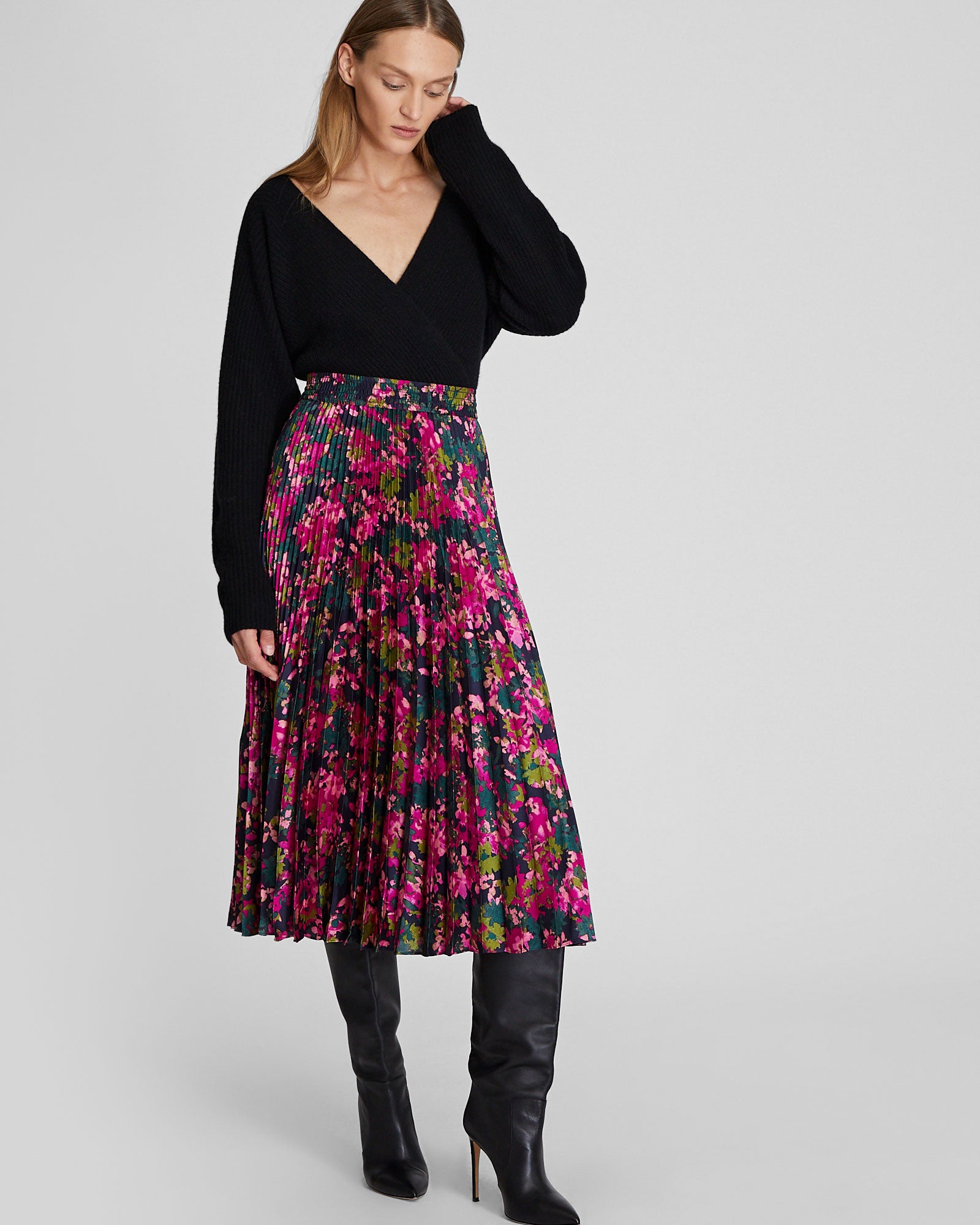 CLUB MONACO - Floral Pleated Midi Skirt - Hot Pink