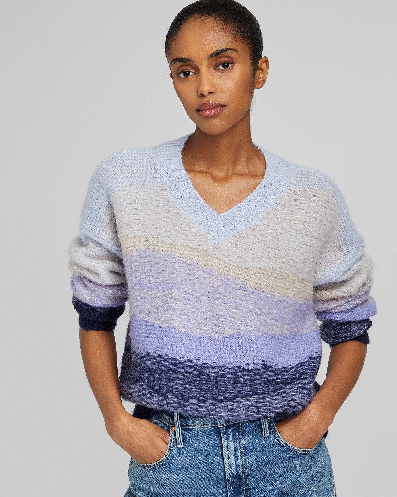 CLUB MONACO - Chandail à col en V en jacquard - Mélange bleu clair