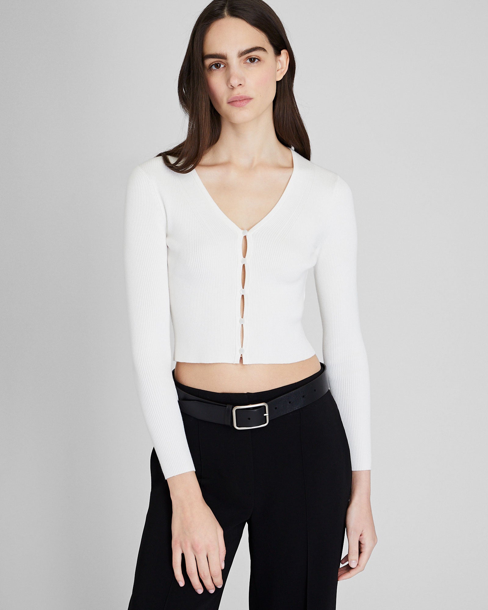CLUB MONACO - Button Front Ribbed Cardigan - White