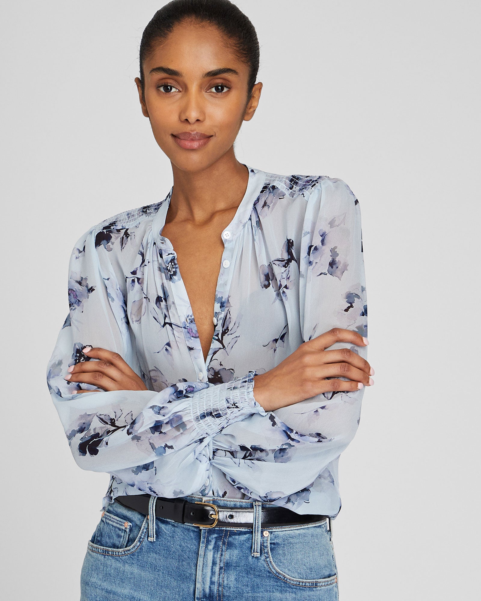 CLUB MONACO - Chemisier à empiècement froncé - Mélange Bleu