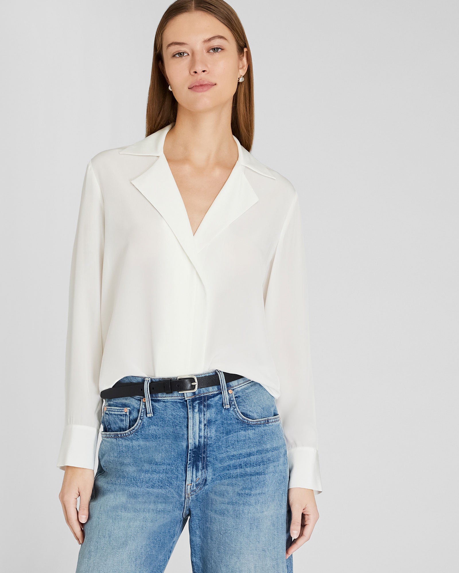 CLUB MONACO - Silk Open-Neck Blouse - White