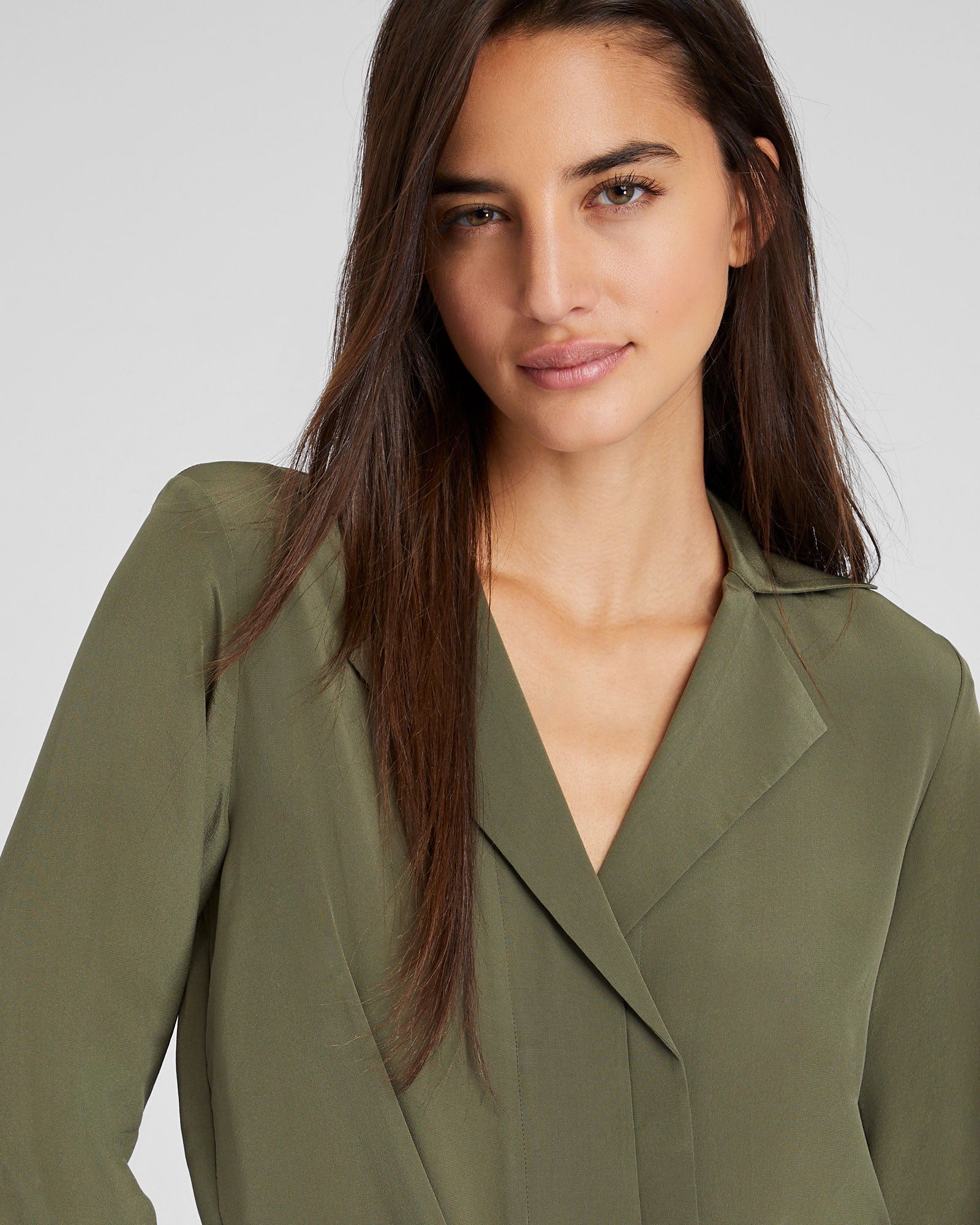 CLUB MONACO - Silk Open-Neck Blouse - Olive