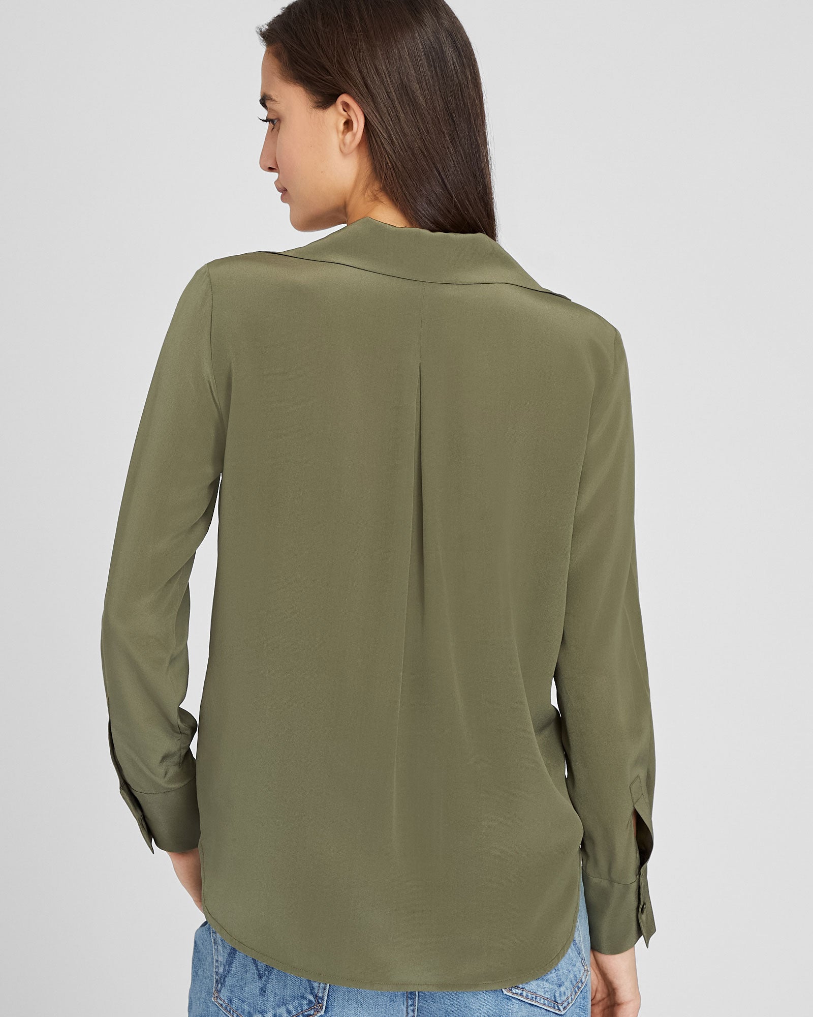 CLUB MONACO - Silk Open-Neck Blouse - Olive