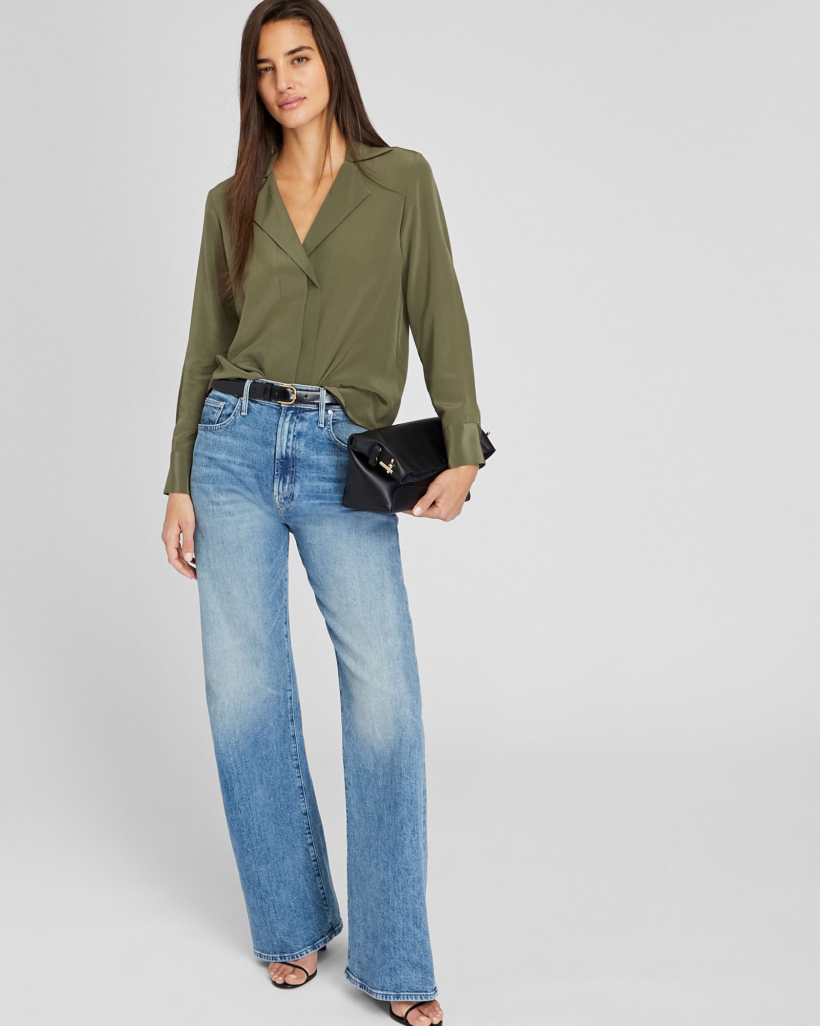 CLUB MONACO - Silk Open-Neck Blouse - Olive