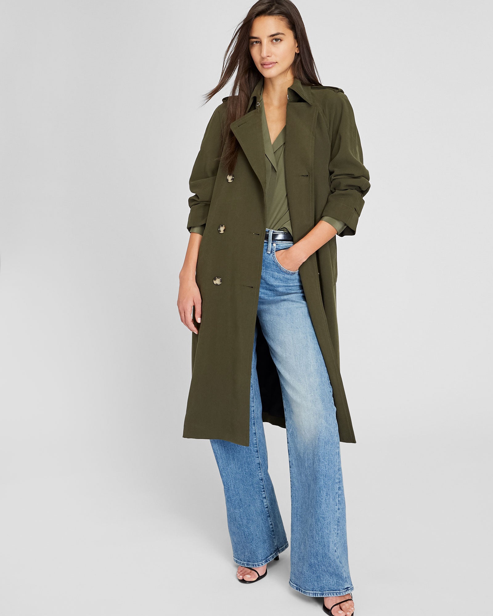 CLUB MONACO - Silk Open-Neck Blouse - Olive