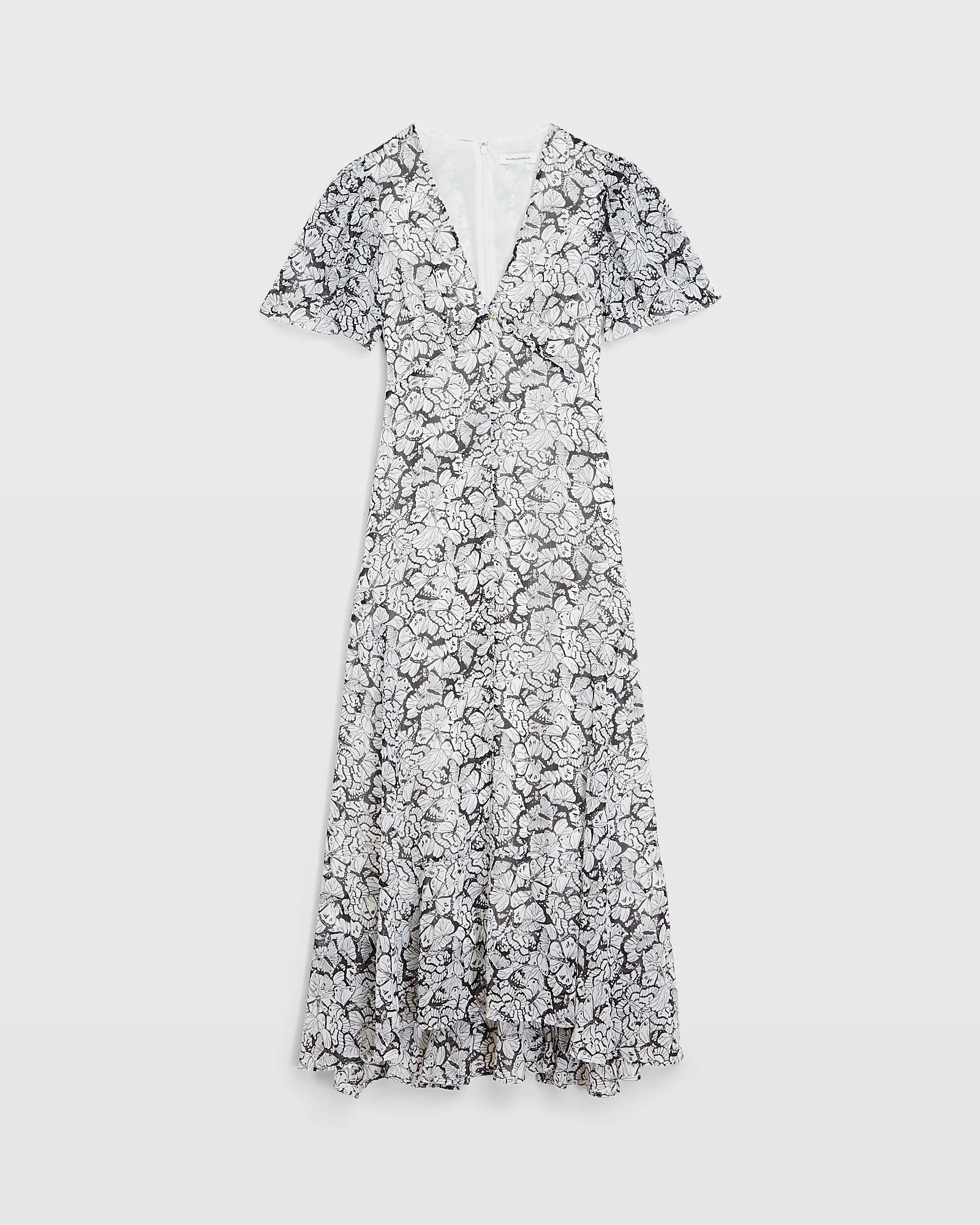 CLUB MONACO - Tiered Flutter Sleeve V-Neck Midi Dress - Black Grand Print