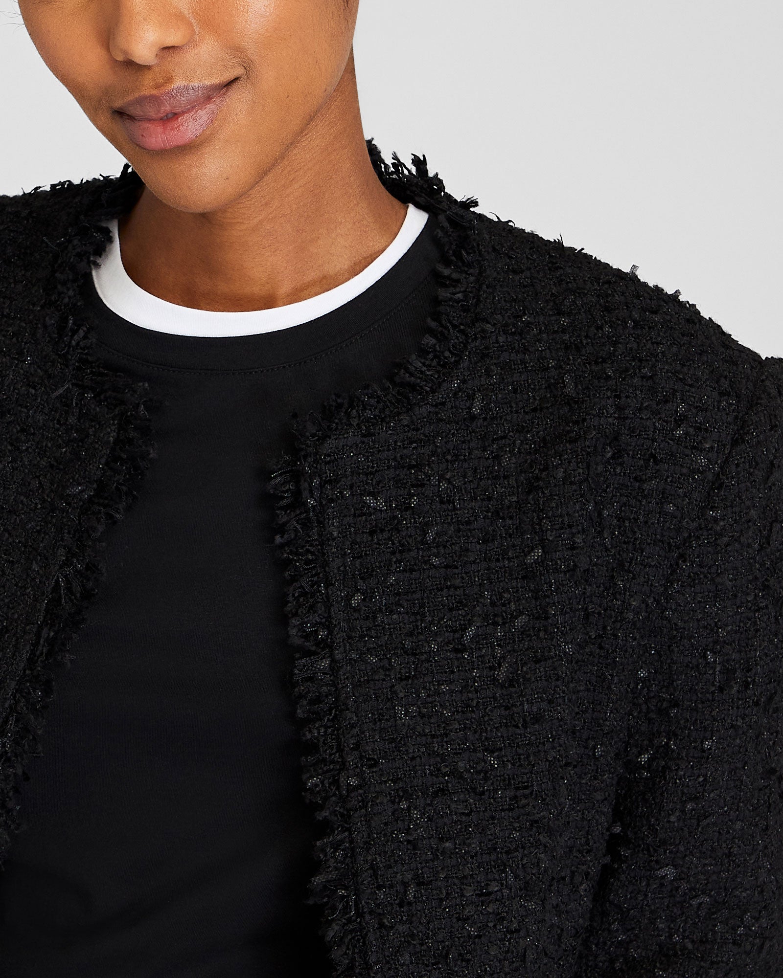 CLUB MONACO - Collarless Bouclé Fringe Jacket - Black