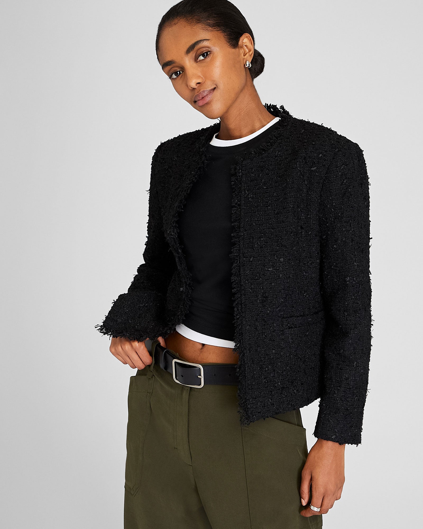 CLUB MONACO - Collarless Bouclé Fringe Jacket - Black