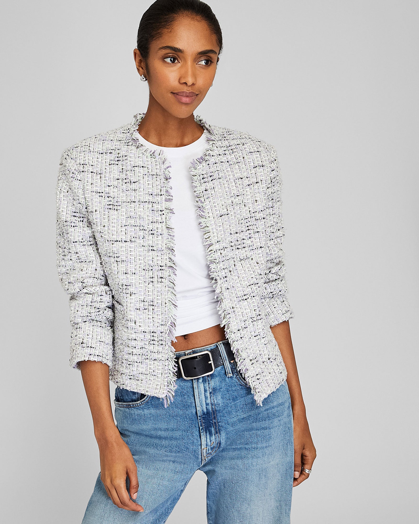 CLUB MONACO - Collarless Bouclé Fringe Jacket - Light Purple Mix