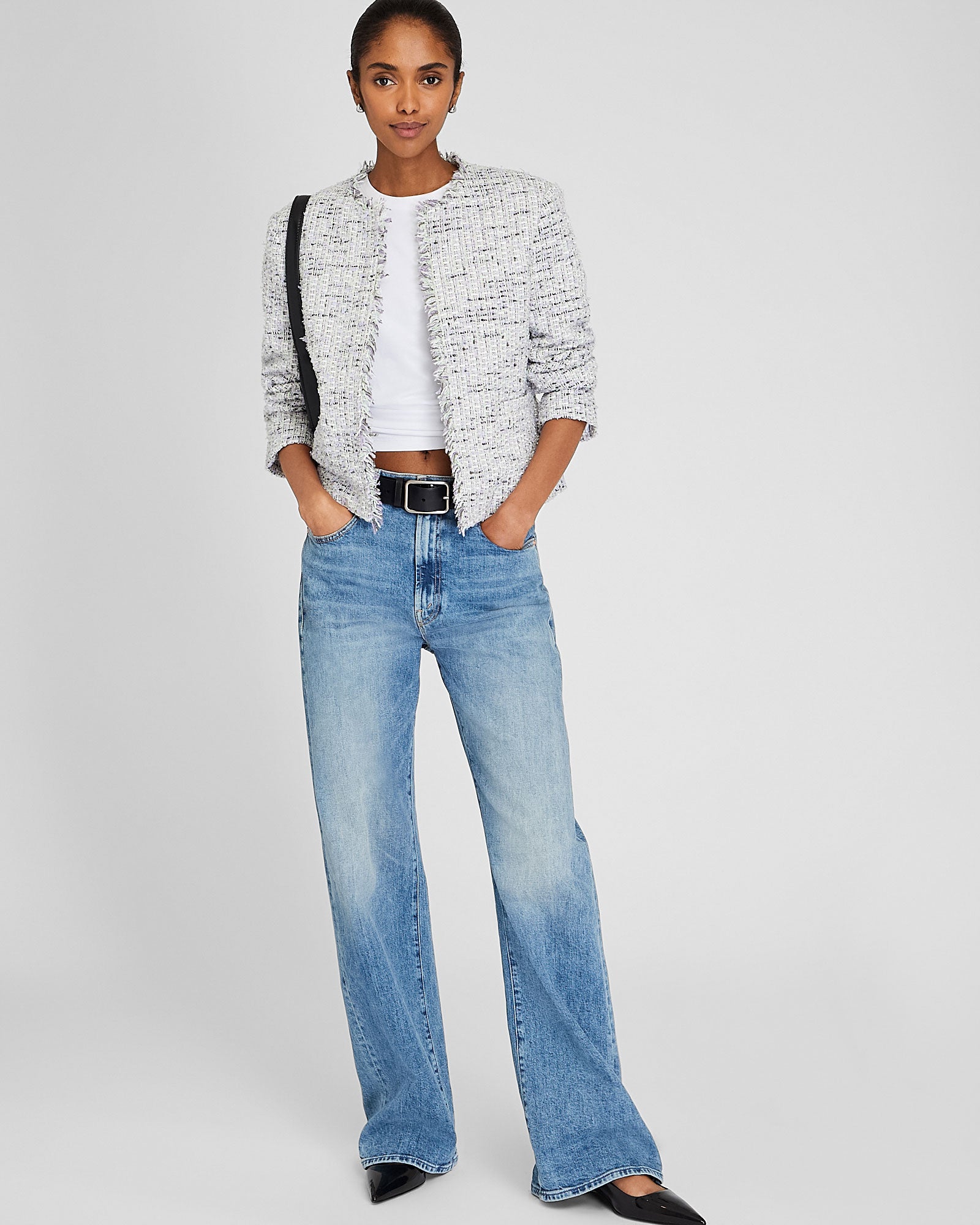 CLUB MONACO - Collarless Bouclé Fringe Jacket - Light Purple Mix