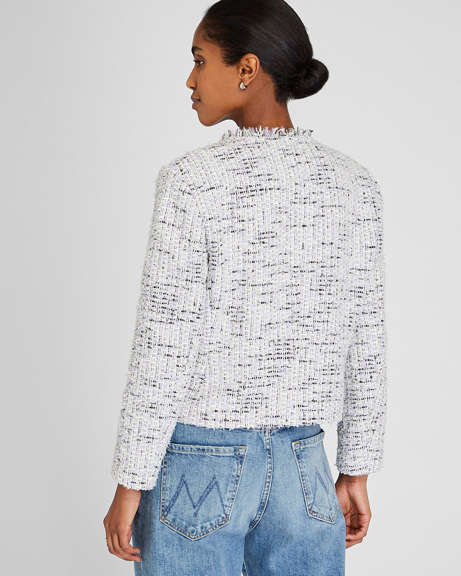CLUB MONACO - Collarless Bouclé Fringe Jacket - Light Purple Mix