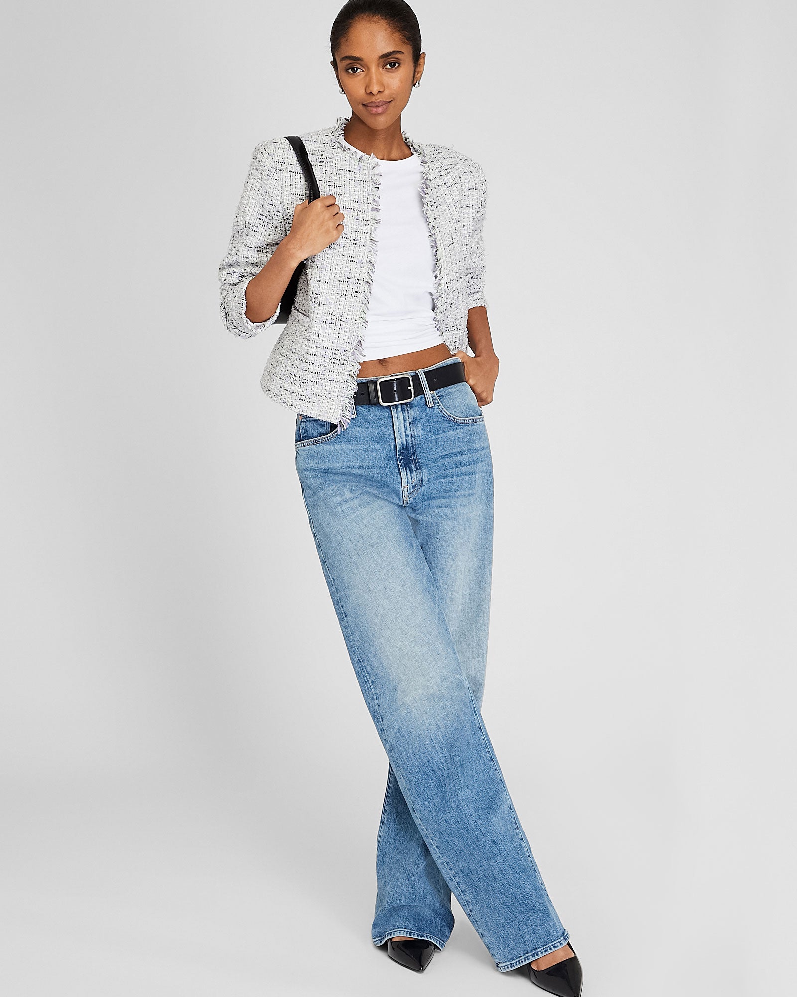 CLUB MONACO - Collarless Bouclé Fringe Jacket - Light Purple Mix