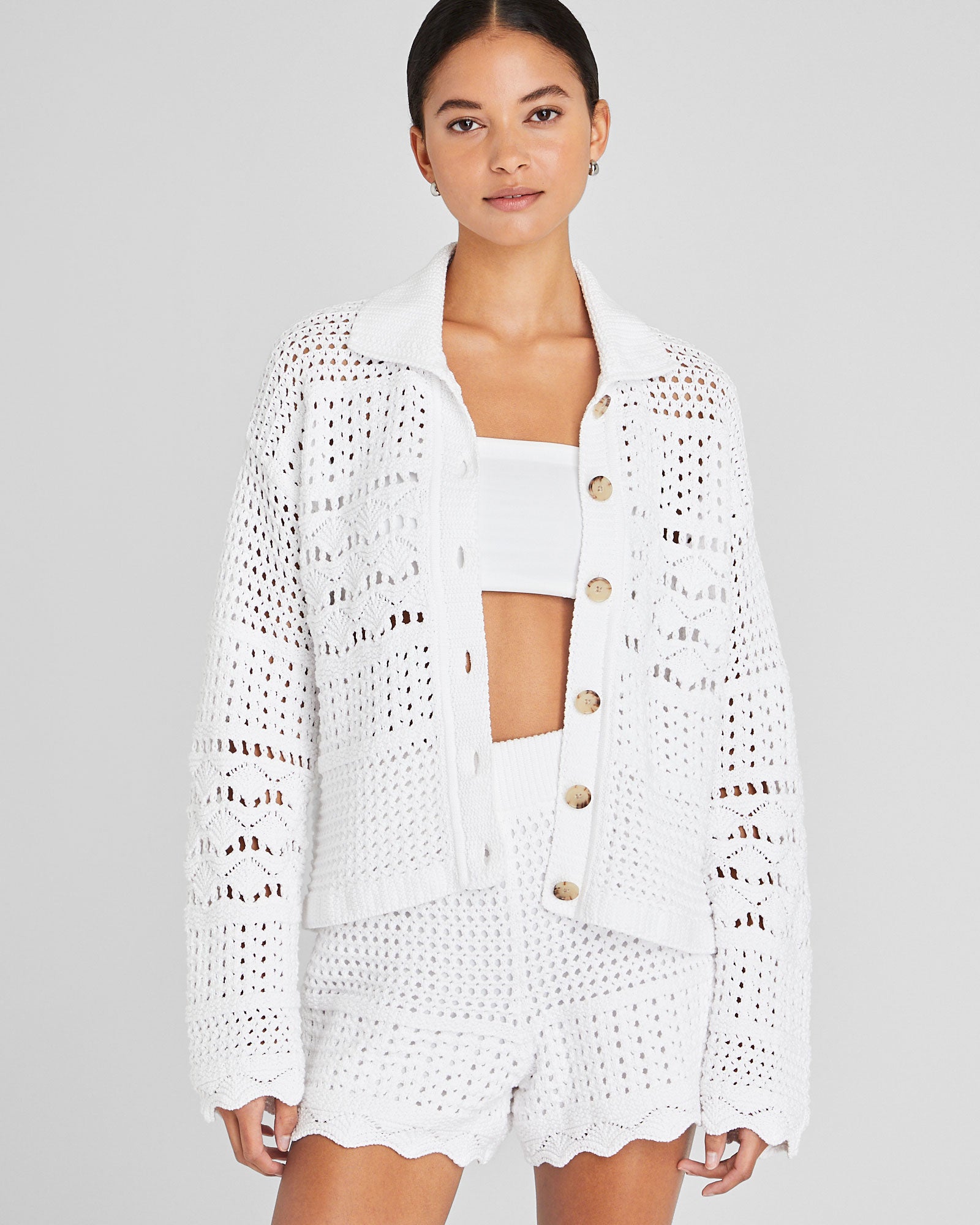 CLUB MONACO - Open Stitch Long Sleeve Button-Down Sweater - White