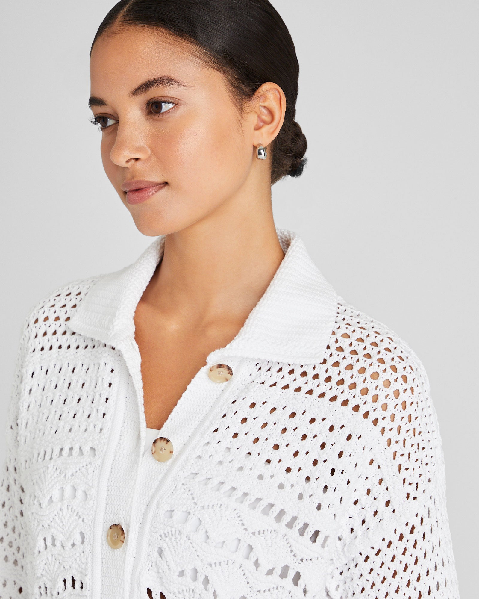 CLUB MONACO - Open Stitch Long Sleeve Button-Down Sweater - White