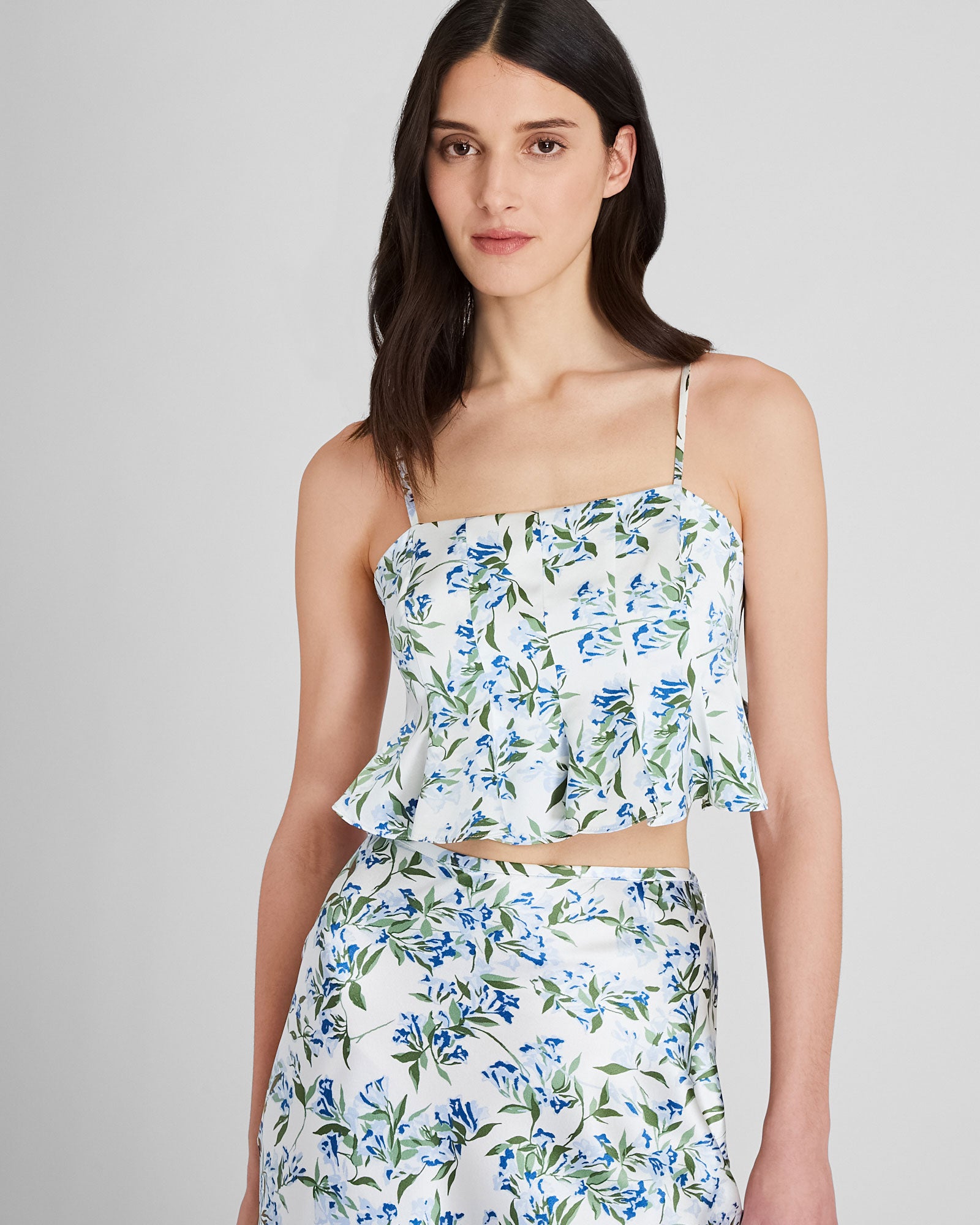 white christmas dresses Club Monaco Silk Charmeuse Cropped Flounce Tank