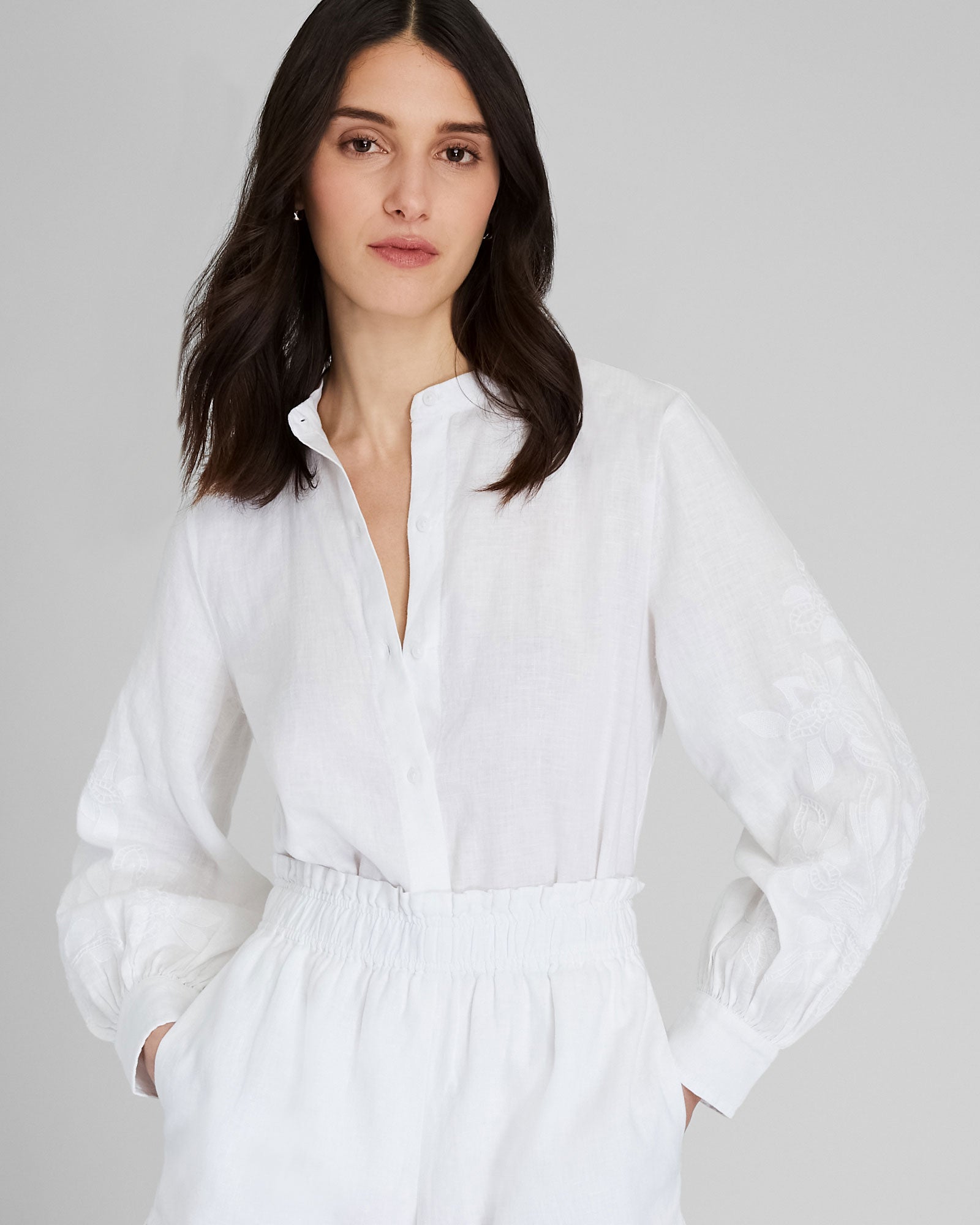 CLUB MONACO - Embroidered Blouson Sleeve Top - White