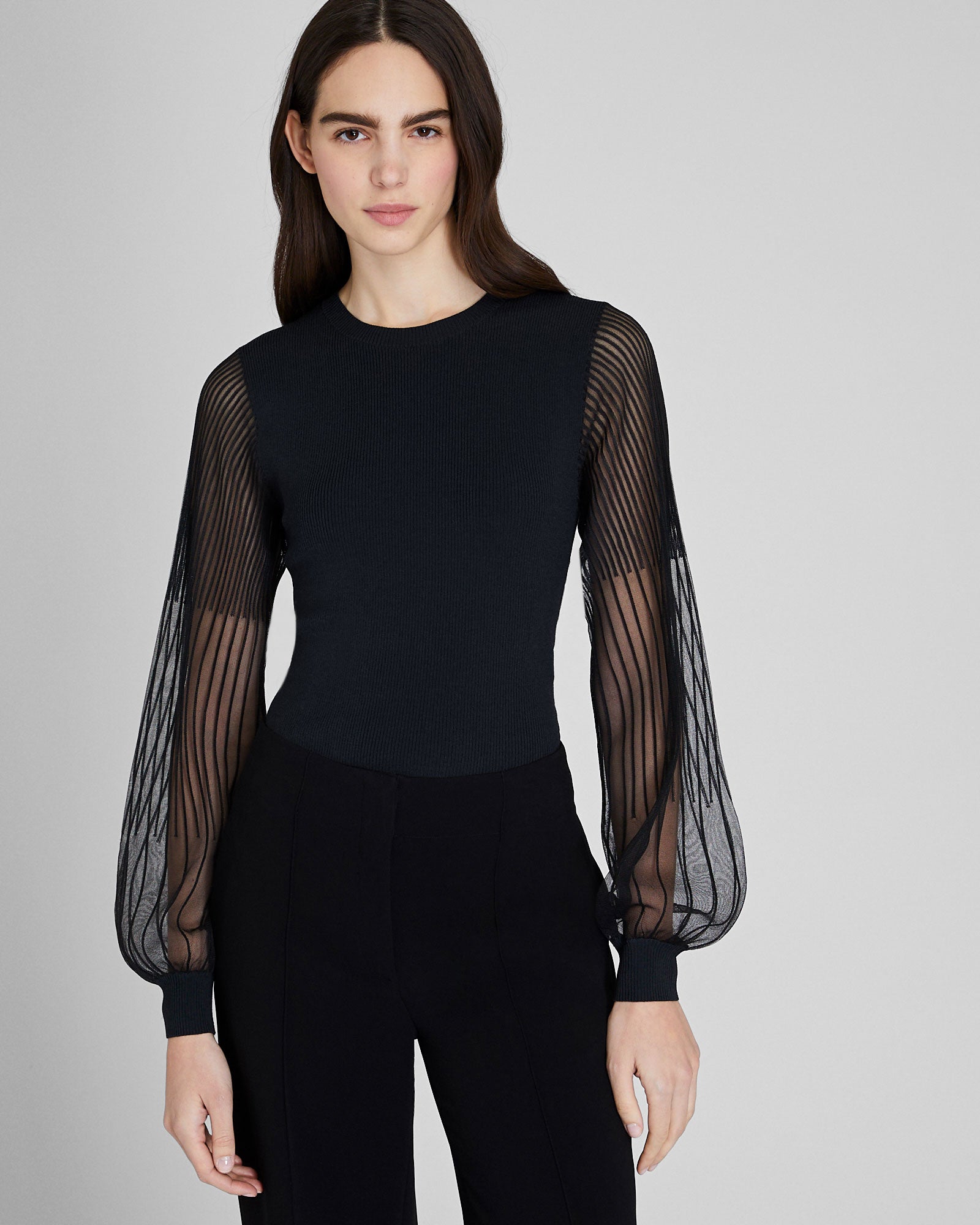 CLUB MONACO - Ribbed Sheer Sleeve Sweater - Black