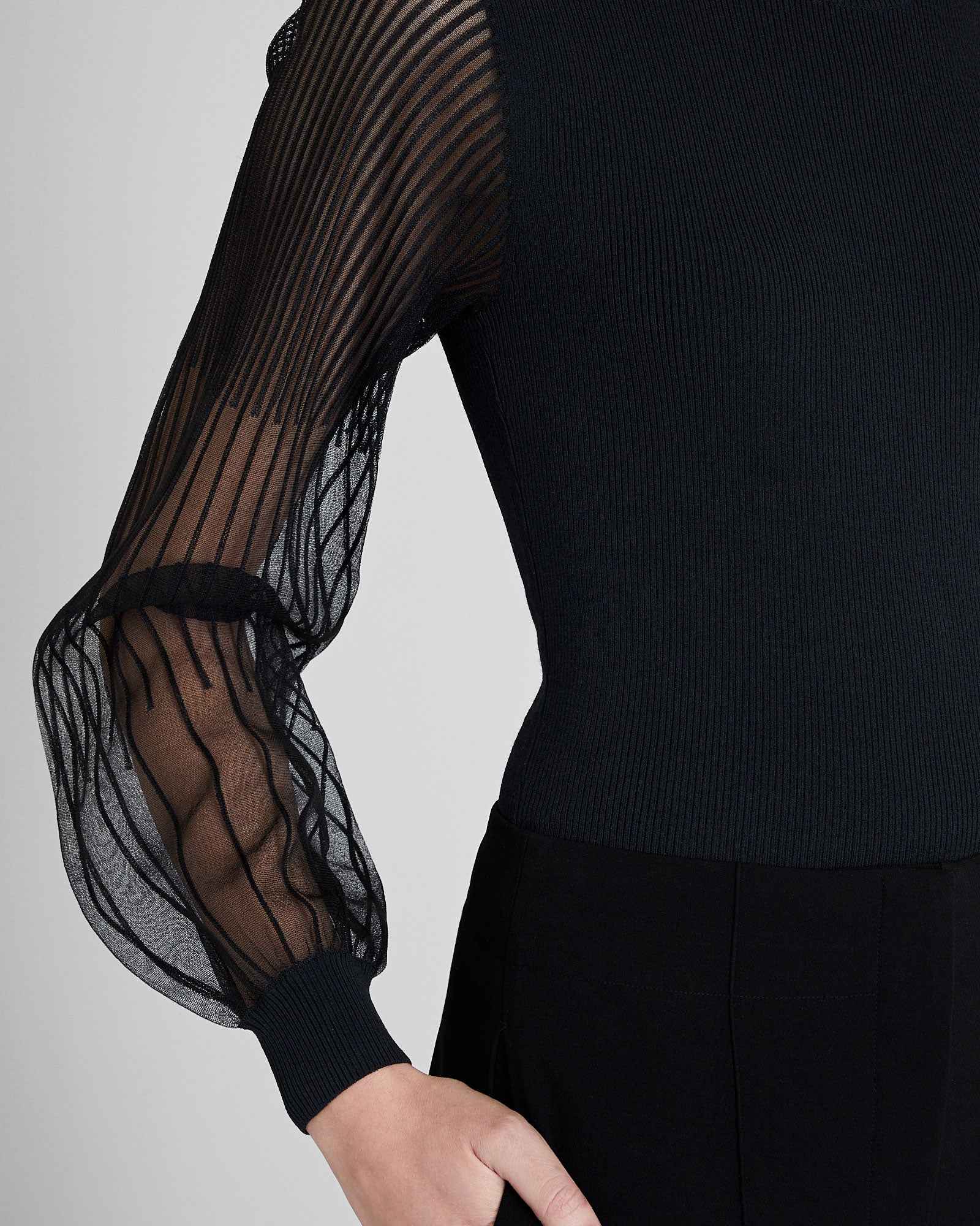 CLUB MONACO - Ribbed Sheer Sleeve Sweater - Black