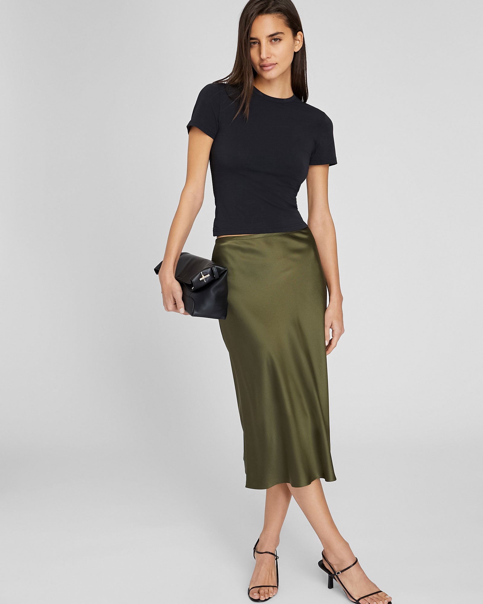 CLUB MONACO - Jupe mi-longue en soie charmeuse - Olive