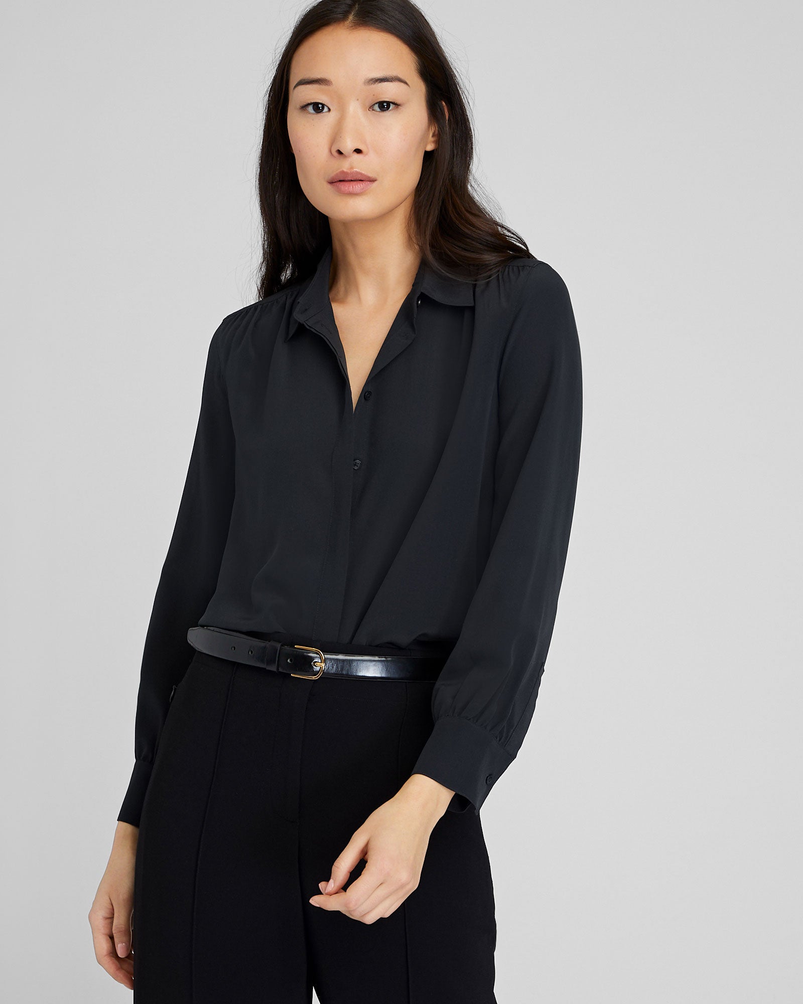 CLUB MONACO - Shirred Shoulder Silk Shirt - Black