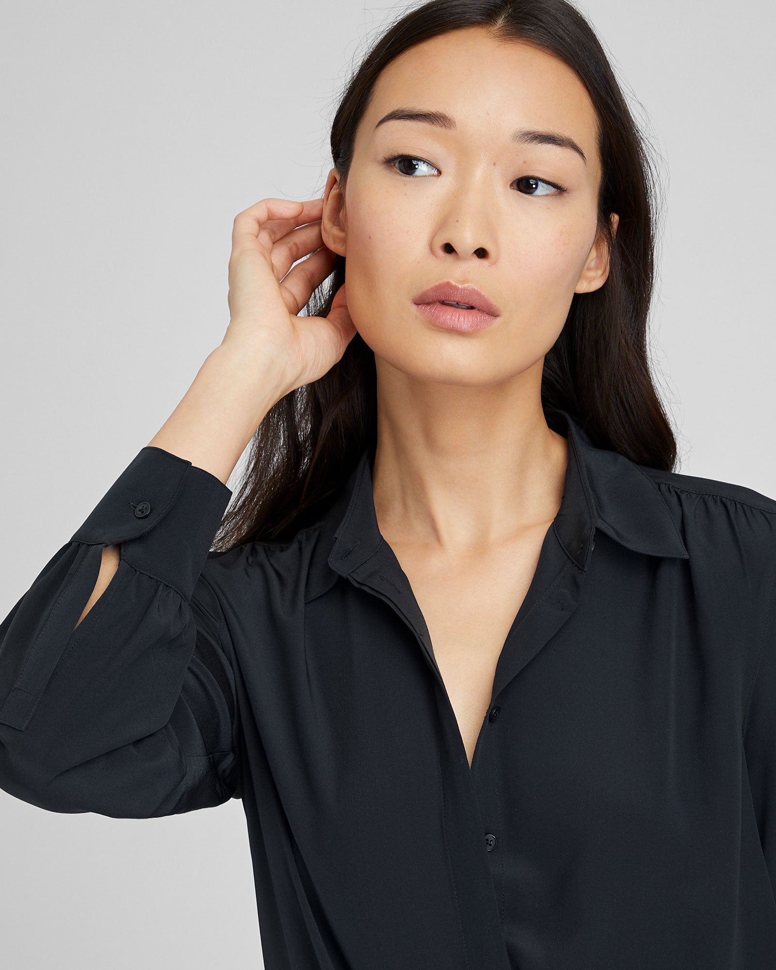 CLUB MONACO - Shirred Shoulder Silk Shirt - Black