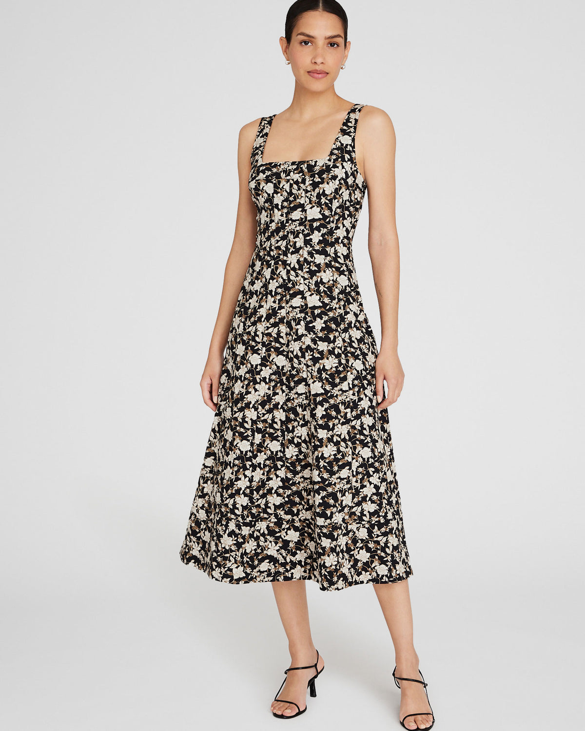 club monaco square neck dress Women's Black Mix Printed Square-Neck Midi Inspire Chic Women's Elegant Womens clothing sale-dress Color:METALLIC BLUE An easy and elegant