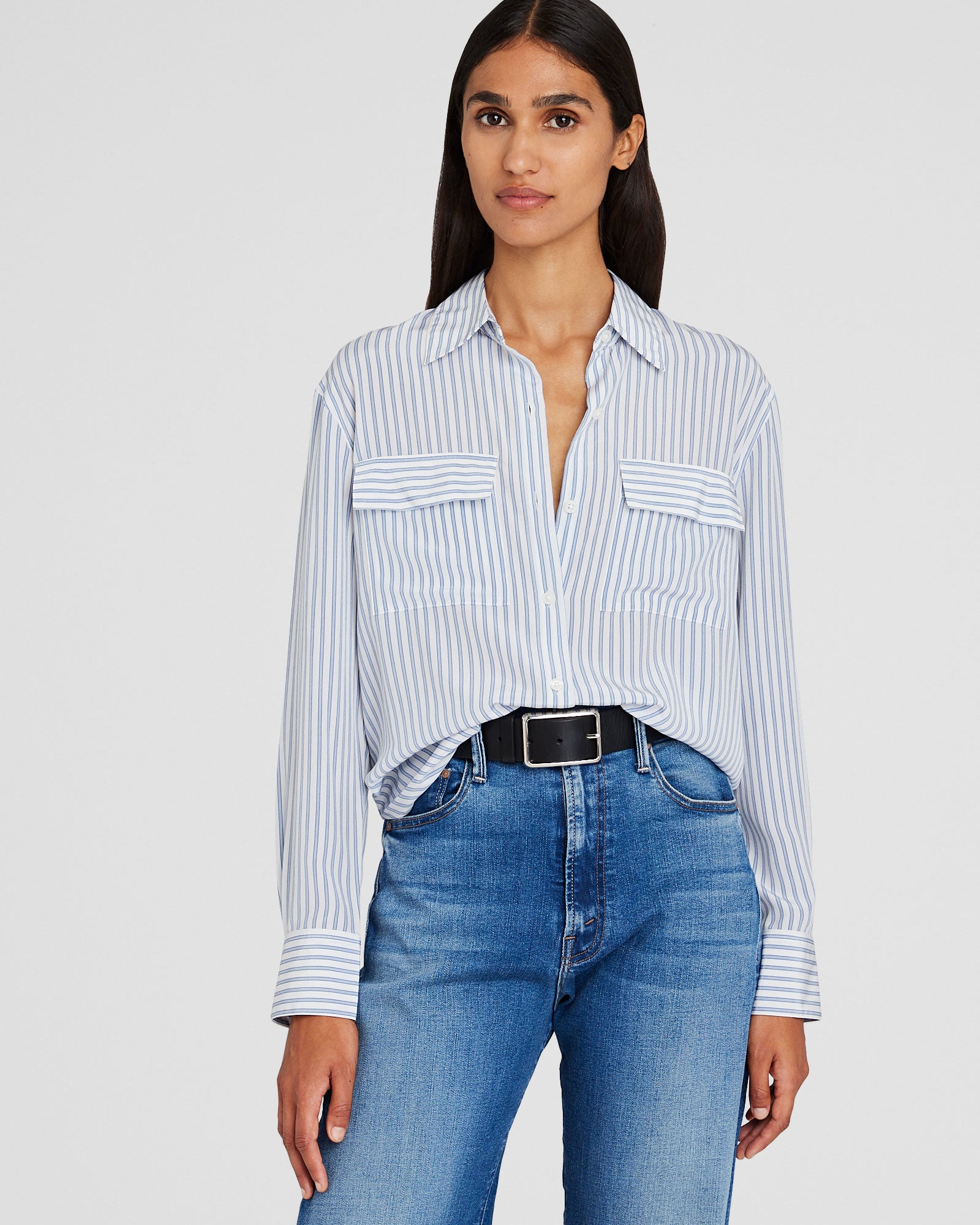 CLUB MONACO - Striped Silk Utility Shirt - Base Blanche Rayée