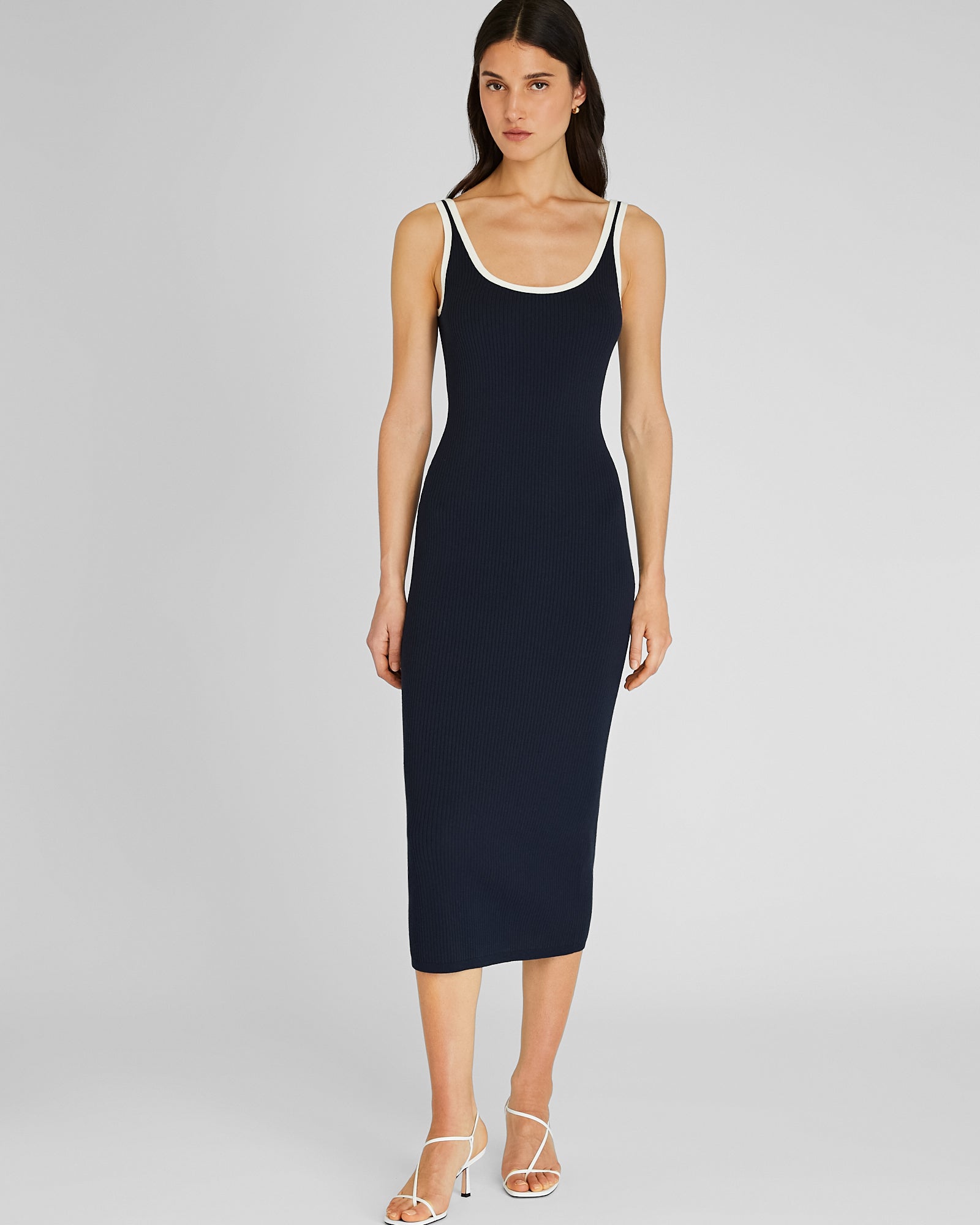 Women's Dark Navy Textured Ribbed Tank Dress With Contrast Trim