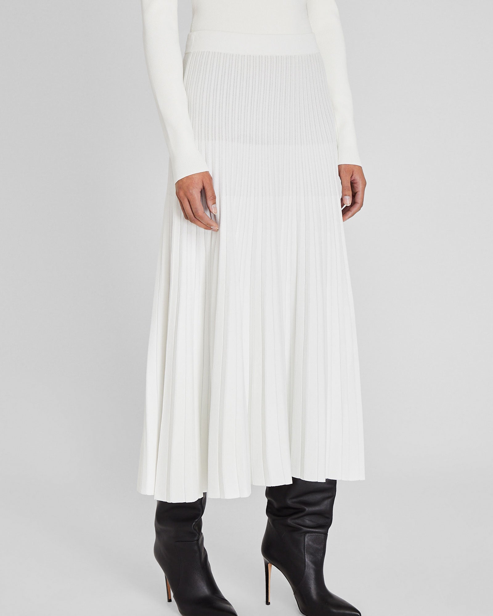 CLUB MONACO - Sunburst Pleat Ribbed Knit Midi Skirt - Soft Pearl