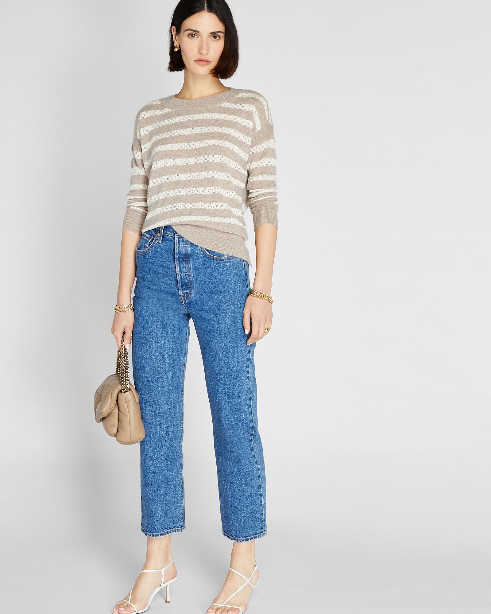CLUB MONACO - Cashmere Silk Stripe Sweater - Stone