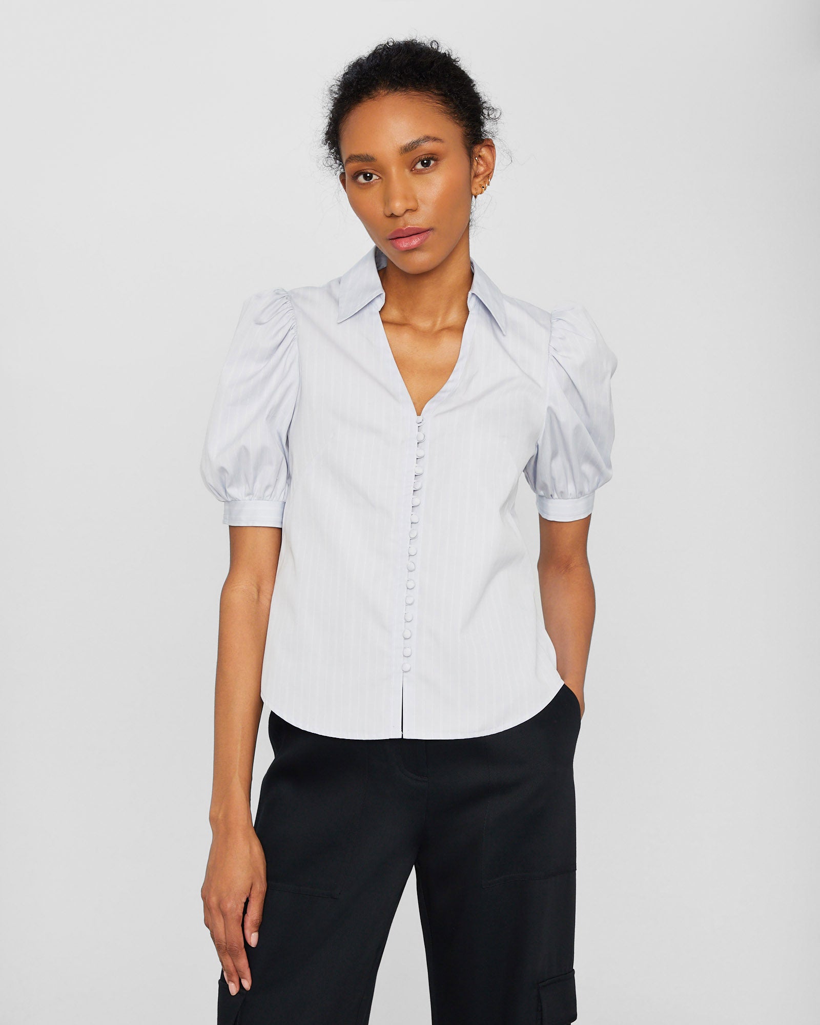 CLUB MONACO - Button Front Puff Sleeve Shirt - Blue Stripe