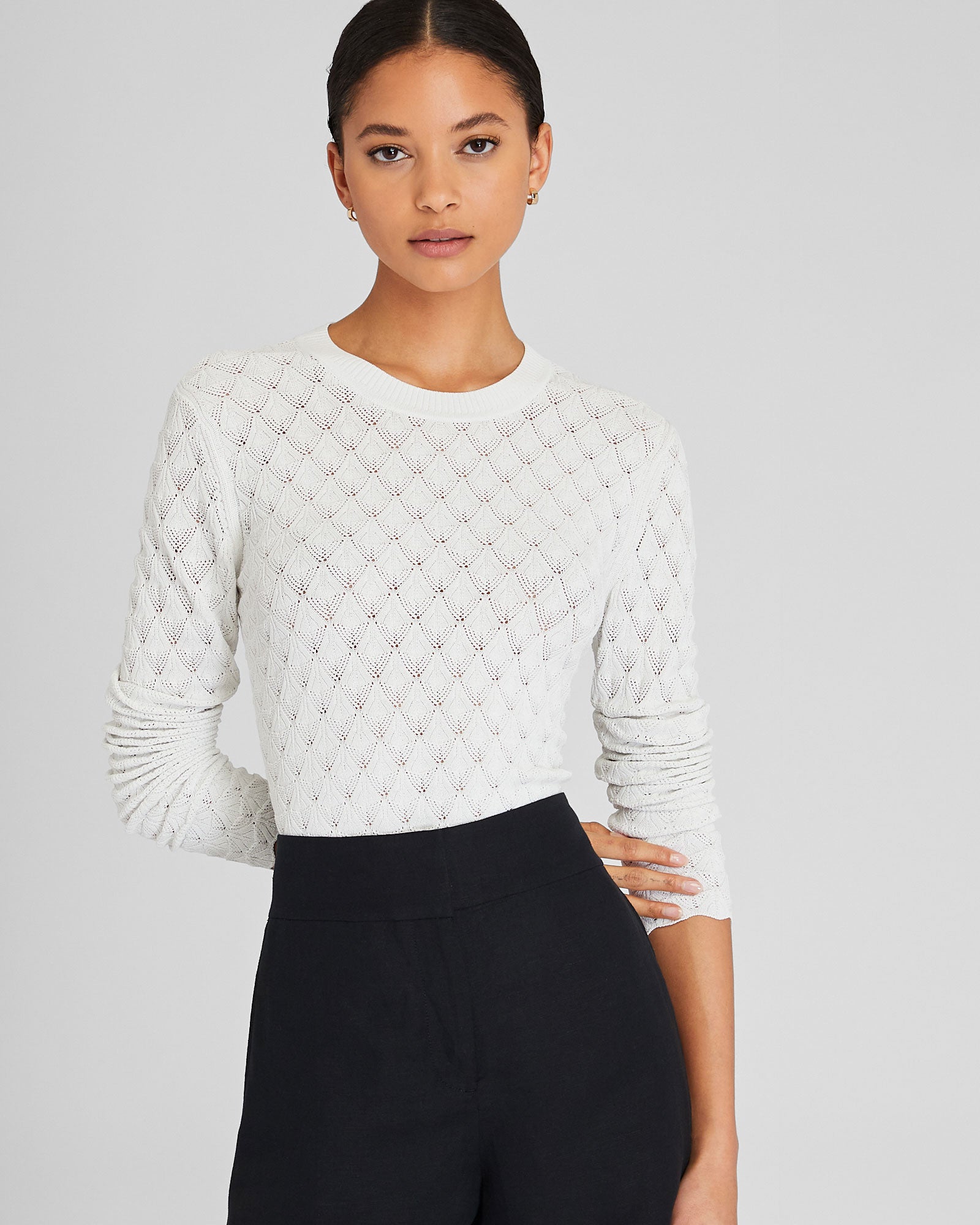 CLUB MONACO - Pointelle Button Back Crew Sweater - Blanc De Blanc