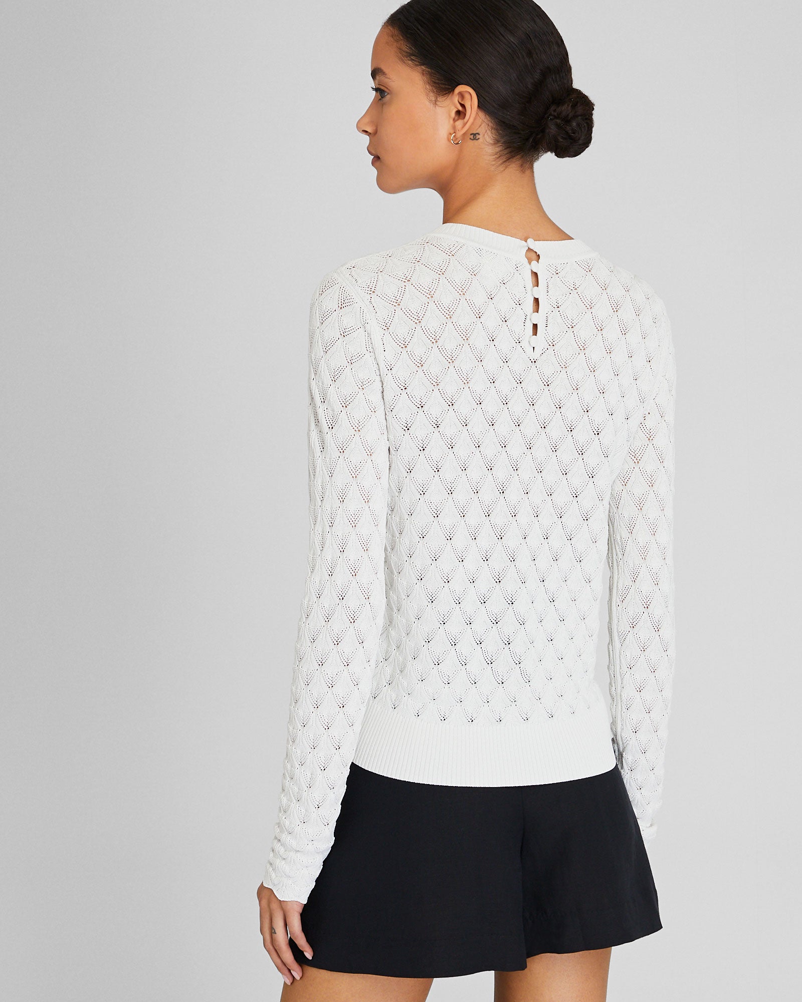 CLUB MONACO - Pointelle Button Back Crew Sweater - Blanc De Blanc