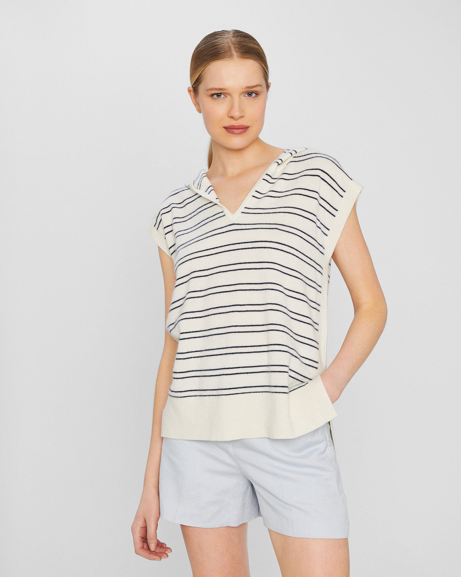 CLUB MONACO - Stripe Sleeveless Cashmere Hoodie - Soft Pearl