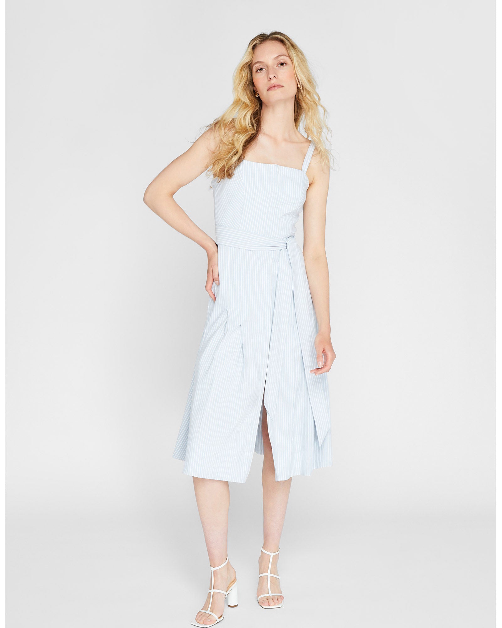 Women's Blue Stripe Linen Blend Midi Dress | Club Monaco US Women's Blue Stripe Linen Blend Midi Dress | Club Monaco US