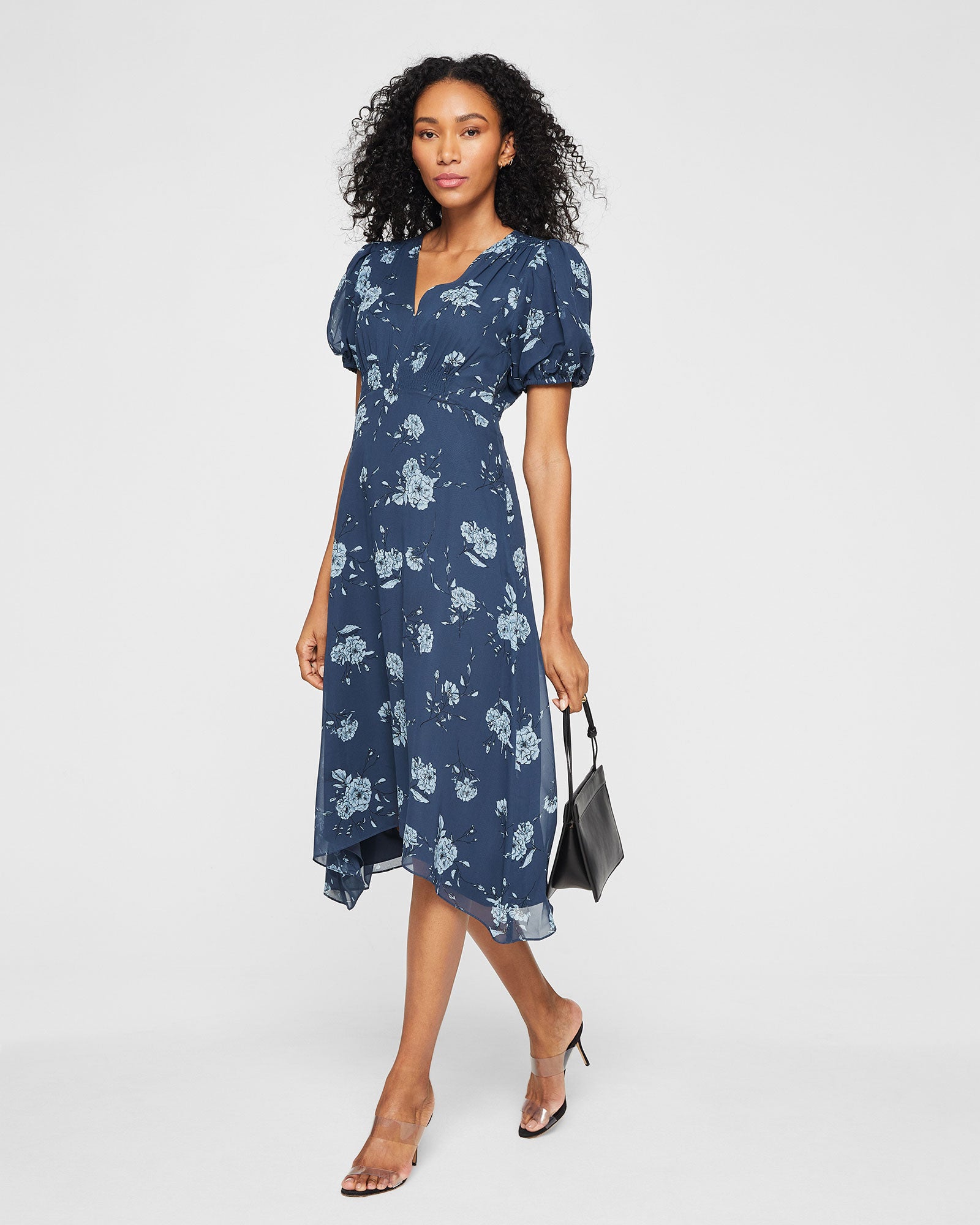 CLUB MONACO - Silk V-Neck Puff Sleeve Dress - Navy