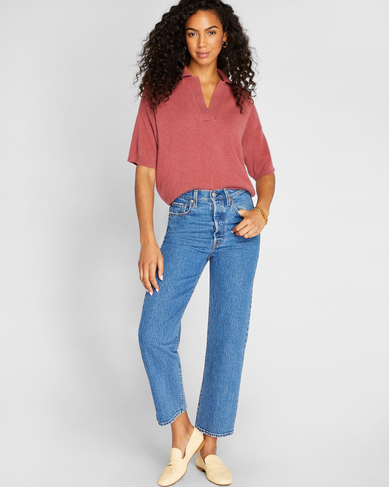 CLUB MONACO - Short Sleeve Boiled Cashmere Collar Sweater - Dusty Pink