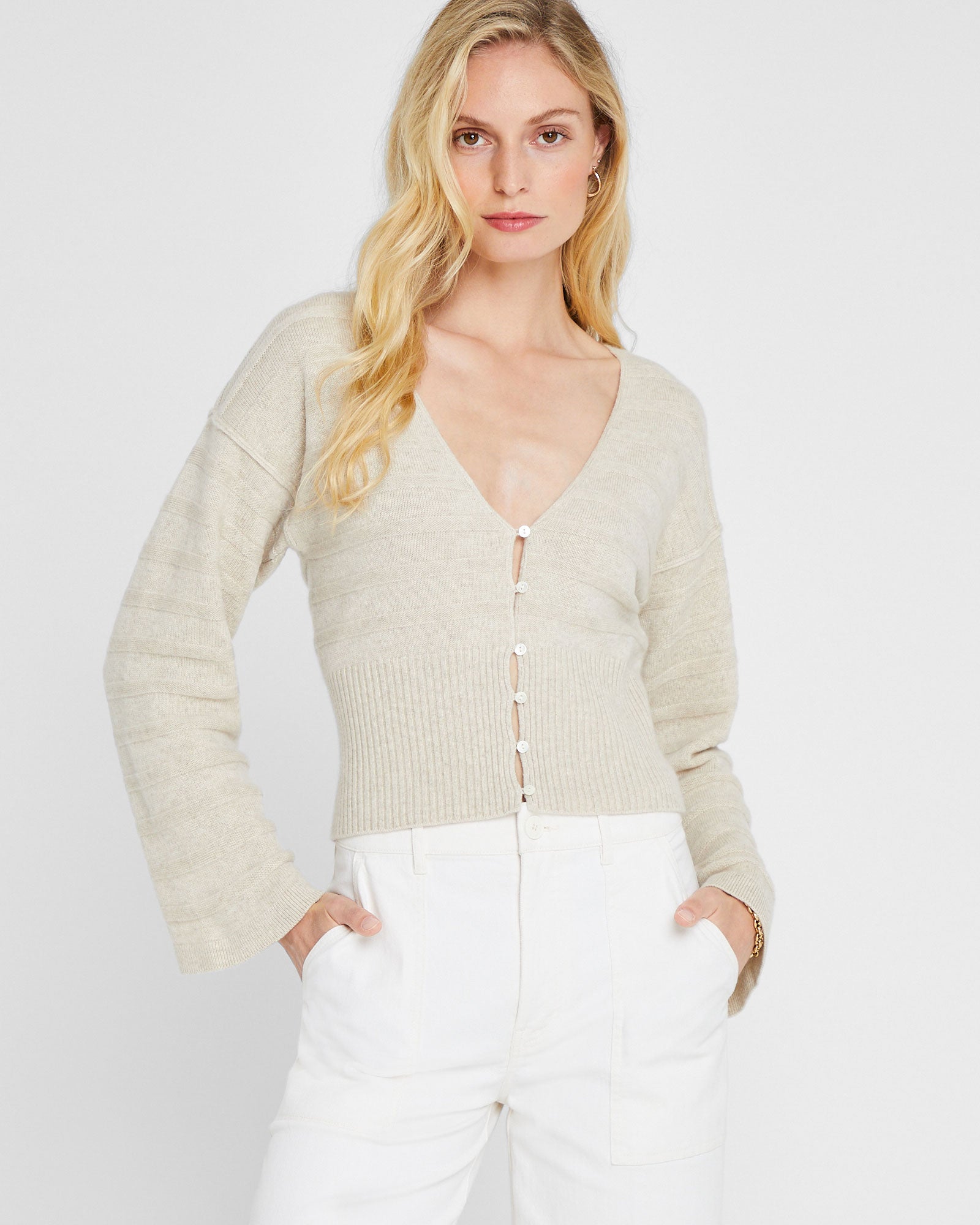 CLUB MONACO - Stripe Stitch Cashmere Cardigan - Oatmeal