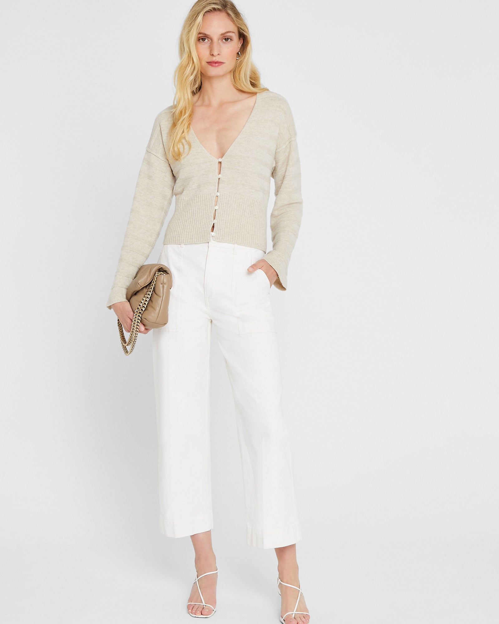 CLUB MONACO - Stripe Stitch Cashmere Cardigan - Oatmeal
