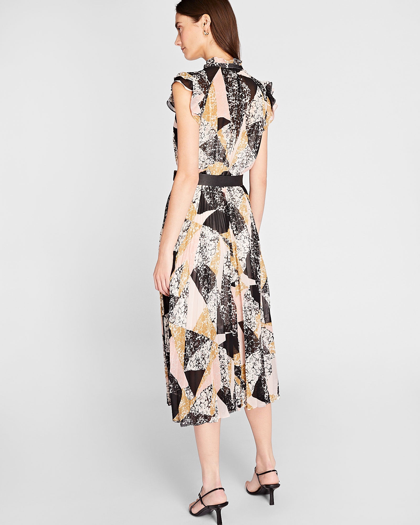 CLUB MONACO - Flutter Sleeve Pleated Midi Dress - Black Mix