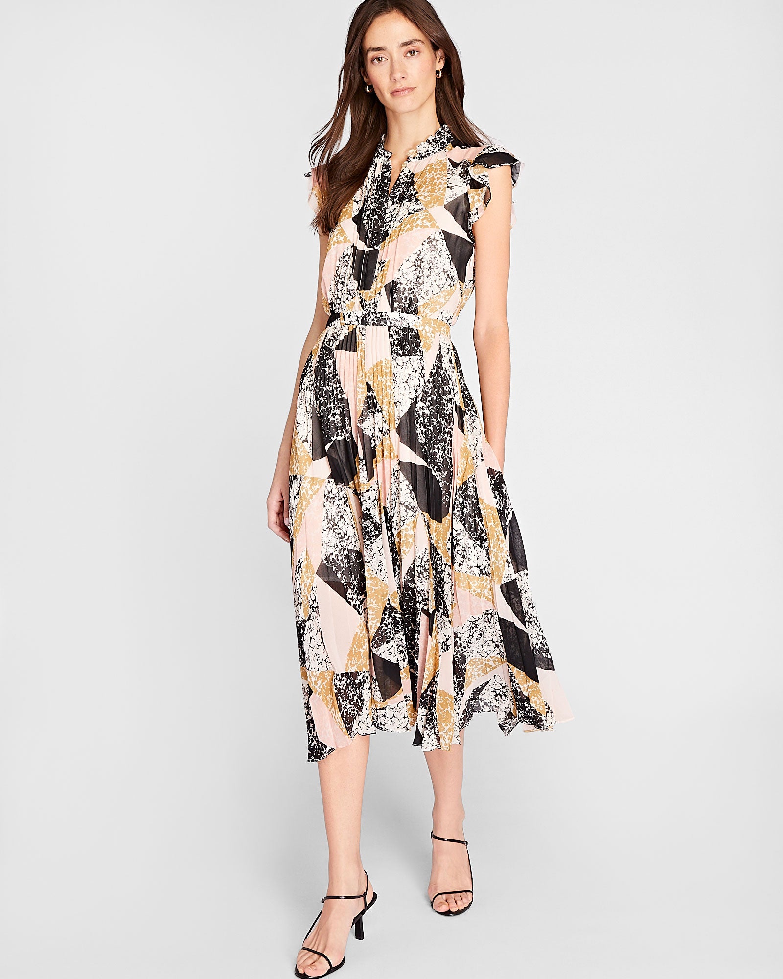 CLUB MONACO - Flutter Sleeve Pleated Midi Dress - Black Mix