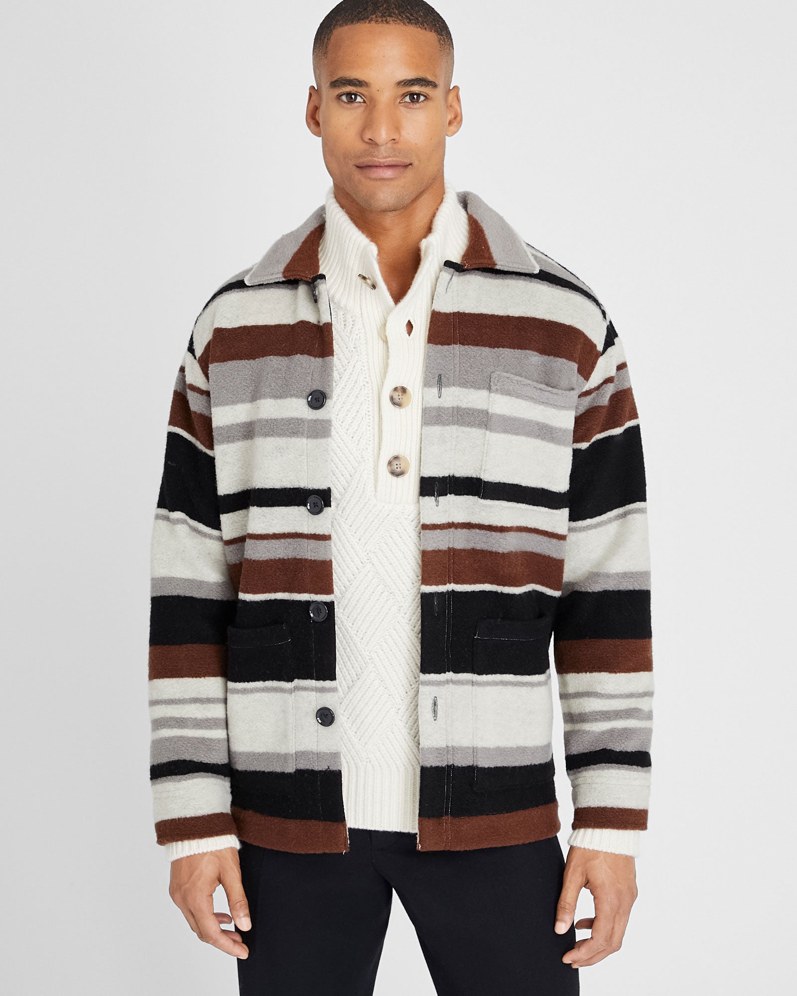 CLUB MONACO - Striped Brushed Wool Shirt Jacket - Ivory Mix